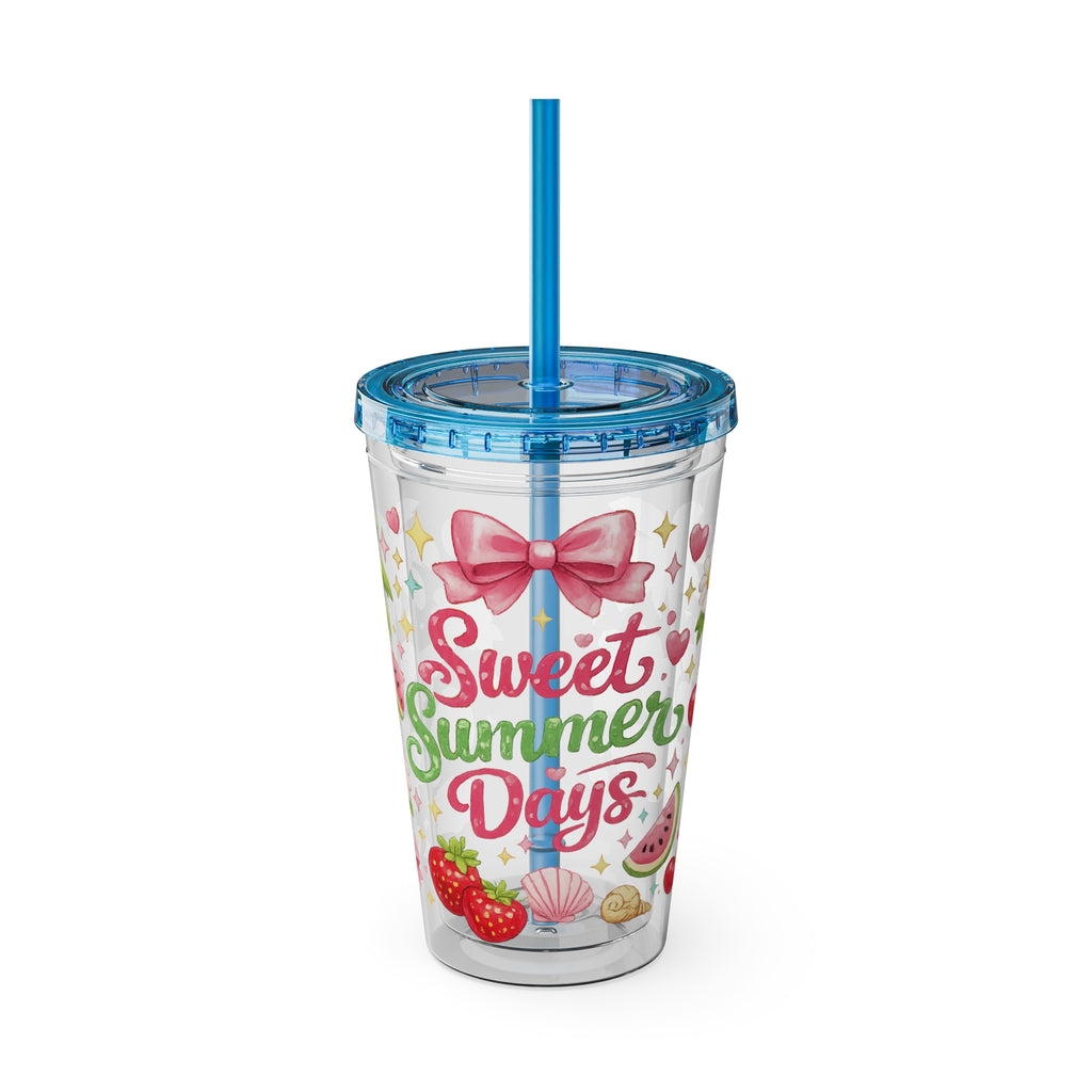 Sweet Summer Days Tumbler — 16oz Clear Straw Cup with Tropical Fruits & Bow Design
