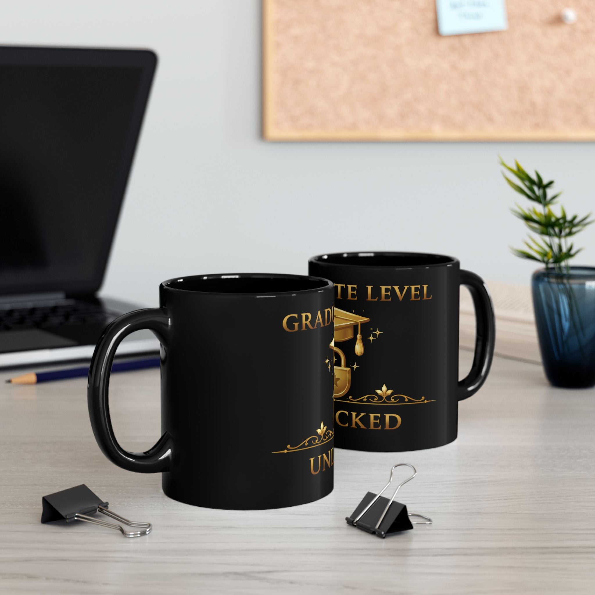 Graduation Level Unlocked Mug — Black Ceramic 11oz/15oz (Gold Cap & Lock Design)