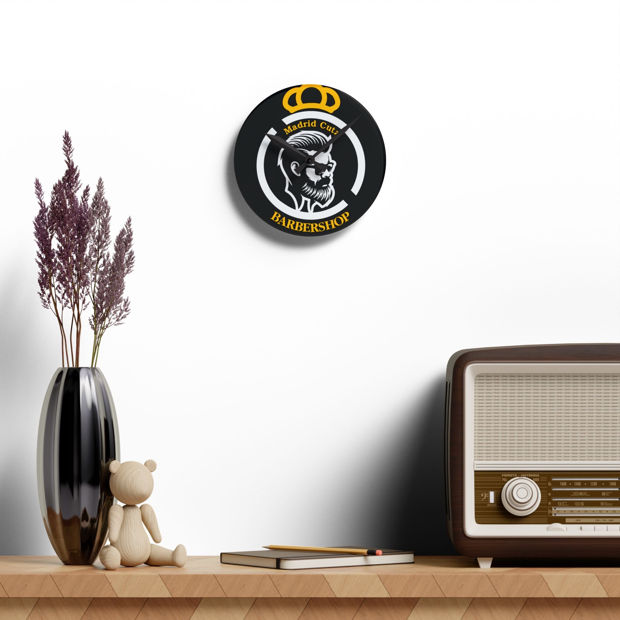 Barbershop Acrylic Wall Clock — Madrid Cuts Logo Decor