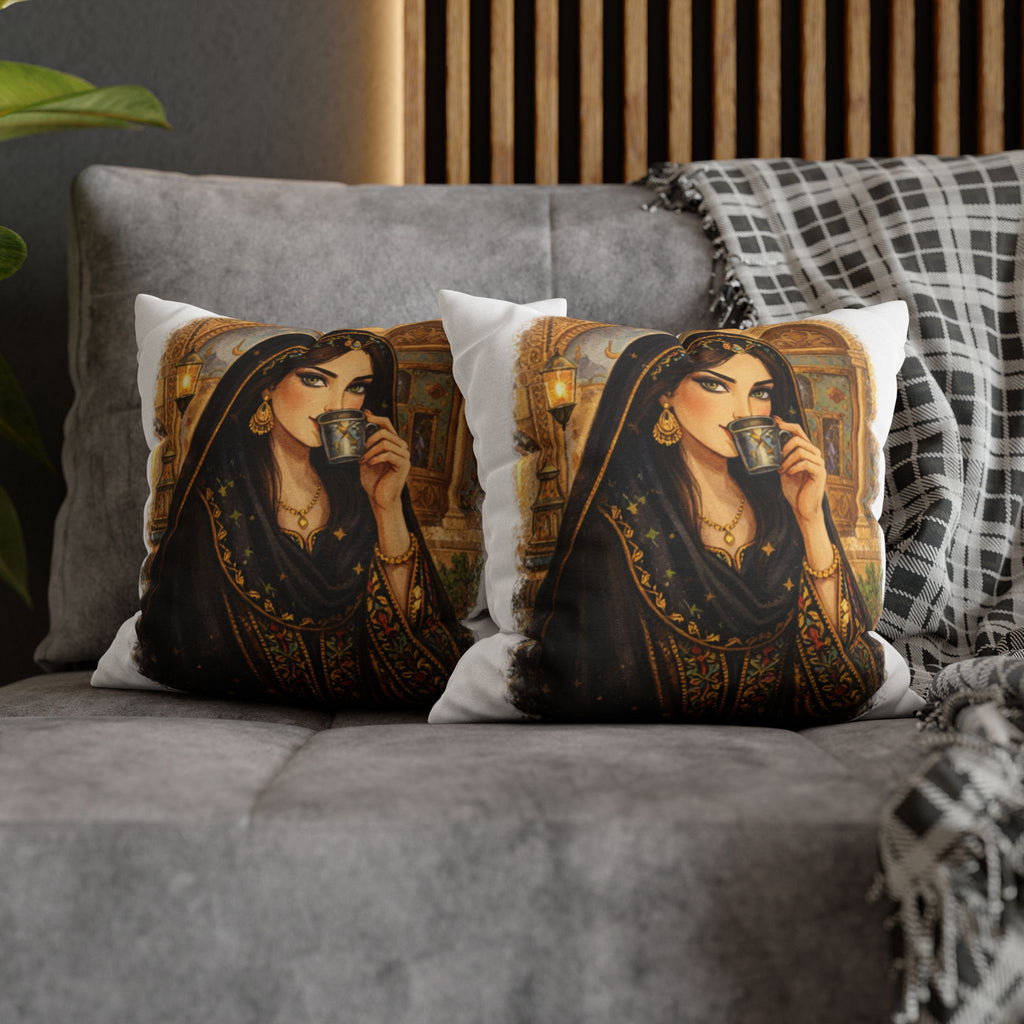 Middle Eastern Portrait Decorative Pillowcase — Woman Drinking Tea Art Throw Pillow Cover