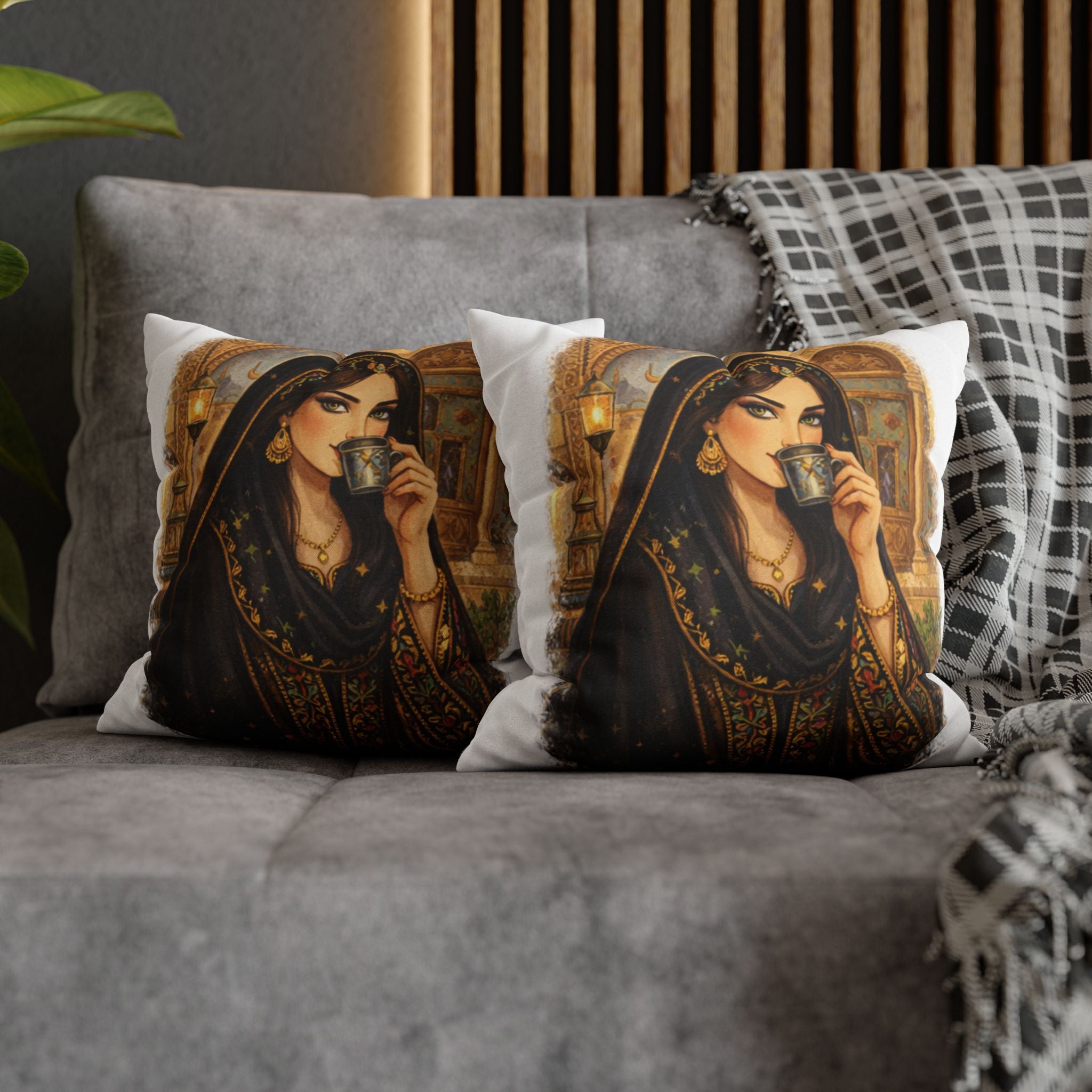 Middle Eastern Portrait Decorative Pillowcase — Woman Drinking Tea Art Throw Pillow Cover
