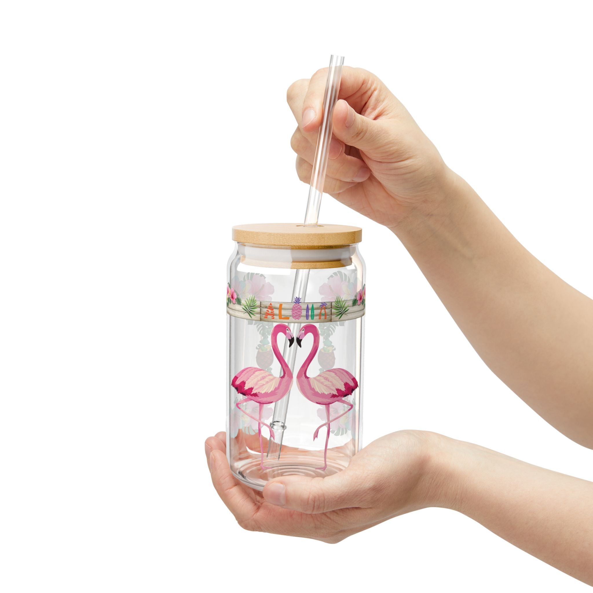 Flamingo Floral Sipper Glass — 16oz Tropical Drink Jar with Straw