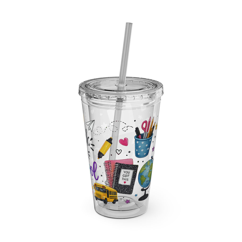 Back to School 16oz Tumbler with Straw – Cute School Supplies Design
