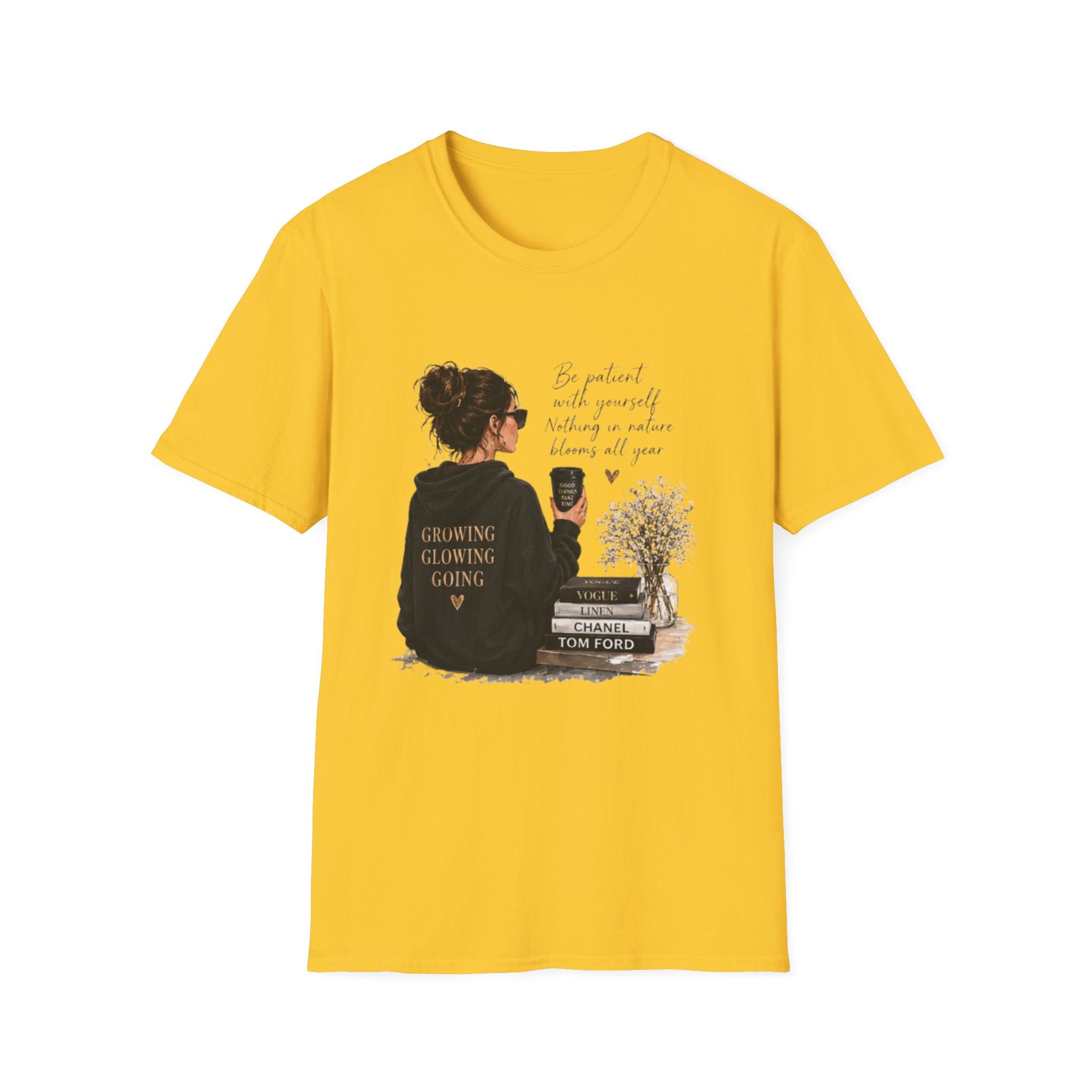 Cozy Reading Girl T-Shirt — "Growing, Glowing, Going" Literary Graphic Tee