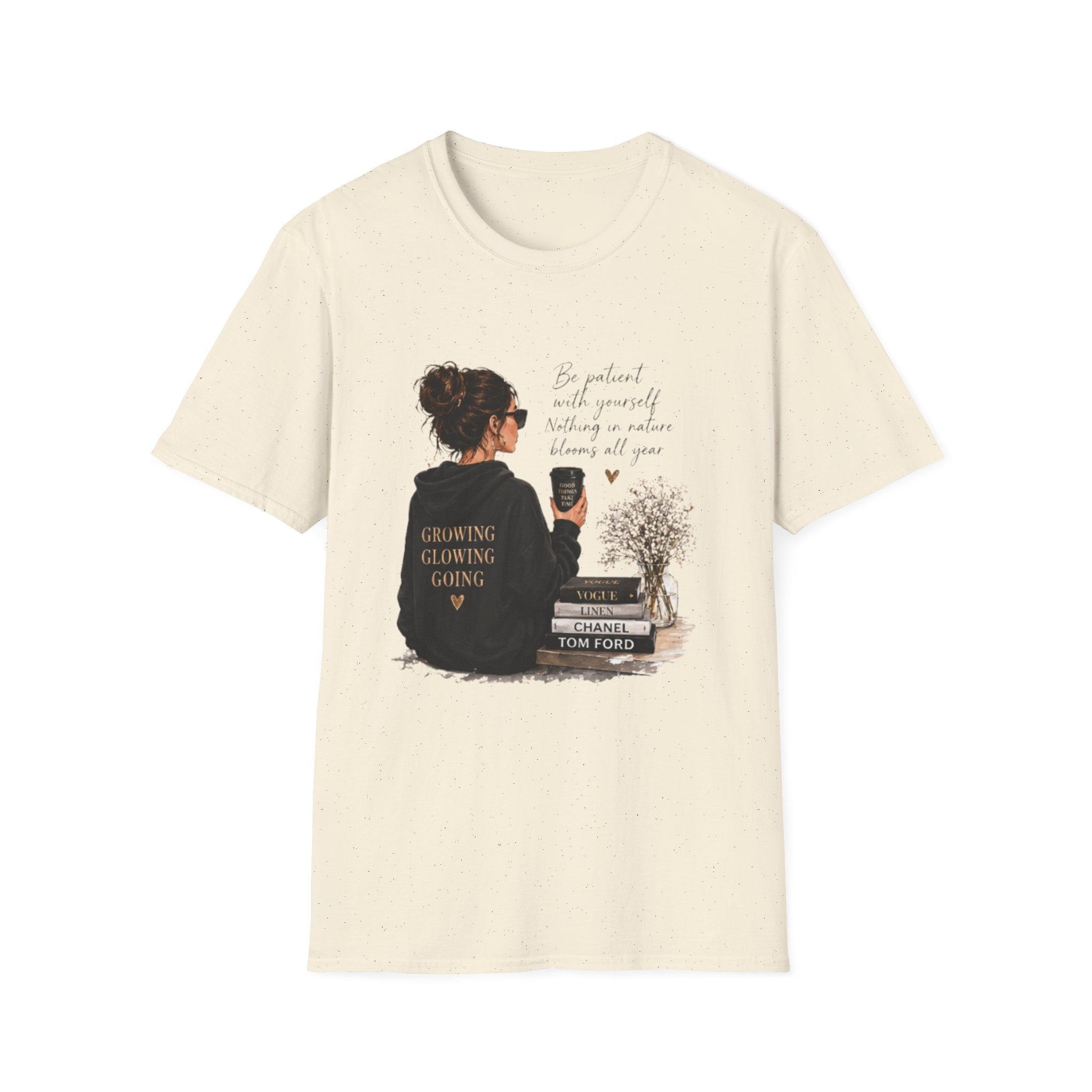 Cozy Reading Girl T-Shirt — "Growing, Glowing, Going" Literary Graphic Tee