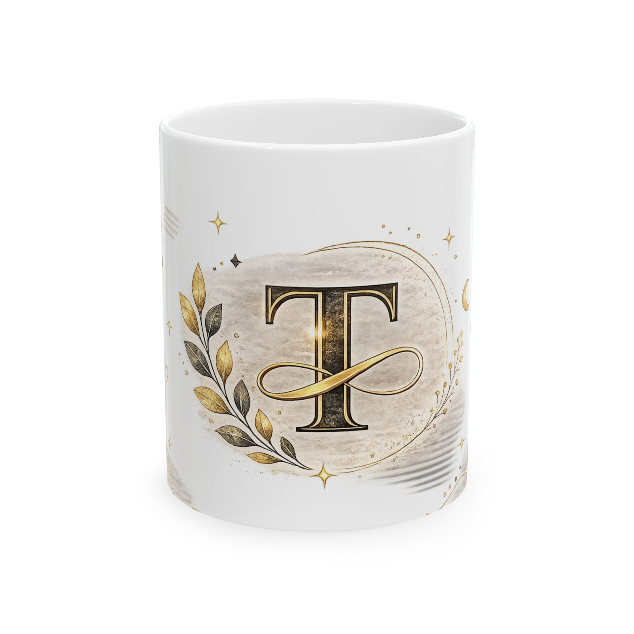 Monogram 'T' Gold Laurel Ceramic Mug – Personalized Initial Coffee Cup