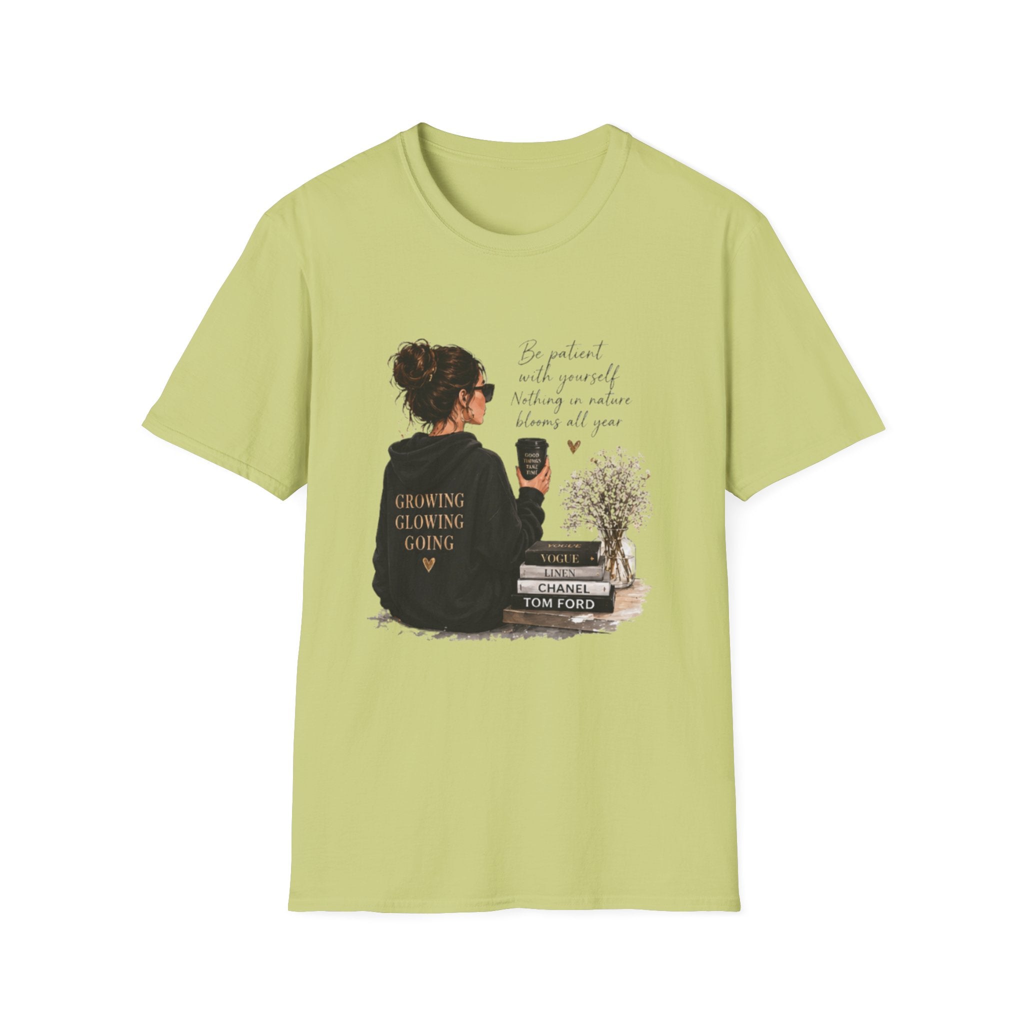 Cozy Reading Girl T-Shirt — "Growing, Glowing, Going" Literary Graphic Tee