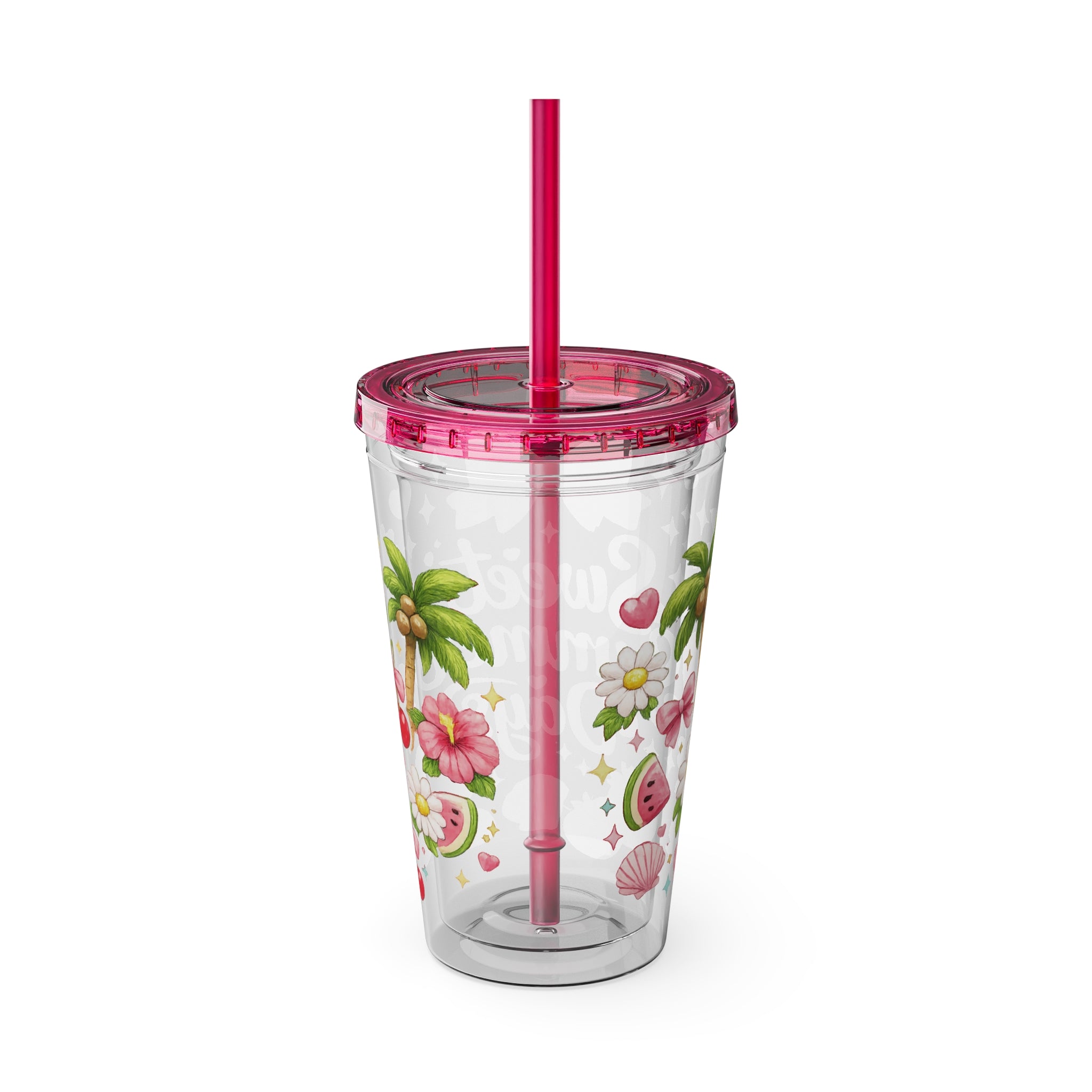 Sweet Summer Days Tumbler — 16oz Clear Straw Cup with Tropical Fruits & Bow Design