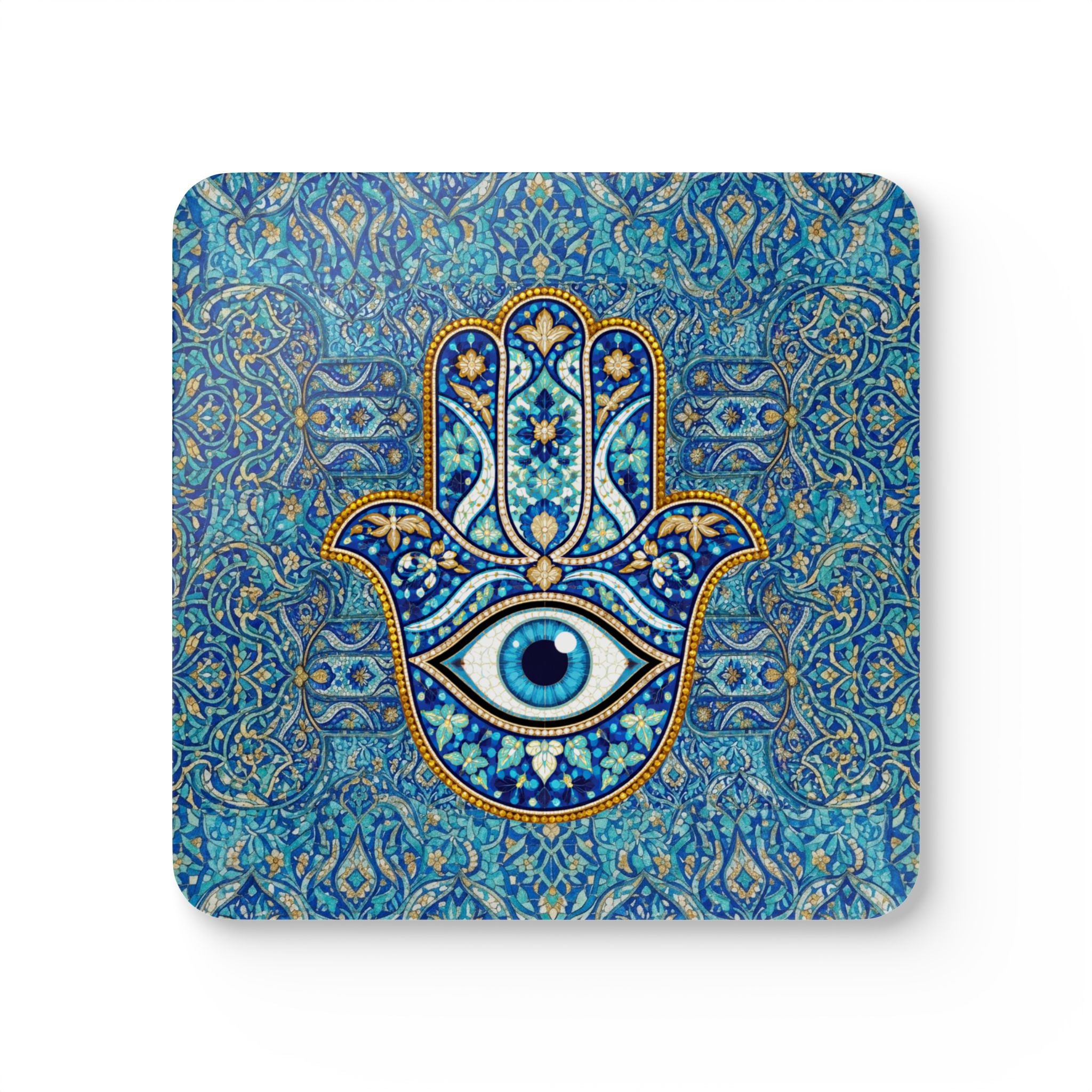 Hamsa Eye Cork Coaster Set – Blue Moroccan Tile Drink Coasters (4-Pack)