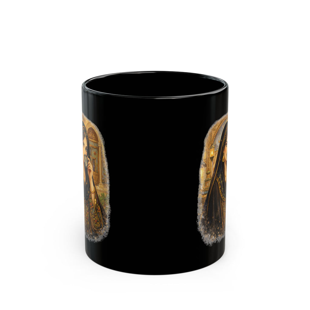 Black Ceramic Mug — Middle Eastern Tea Lady Illustration, Vintage Cultural Art Coffee Cup (11oz/15oz)
