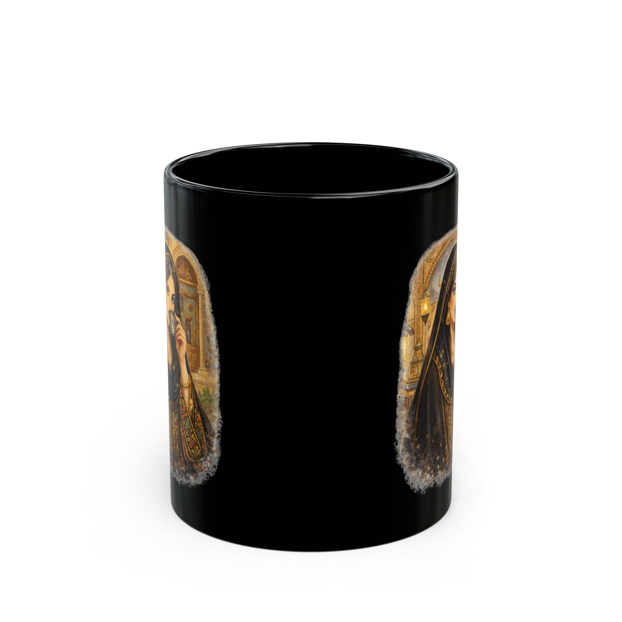 Black Ceramic Mug — Middle Eastern Tea Lady Illustration, Vintage Cultural Art Coffee Cup (11oz/15oz)