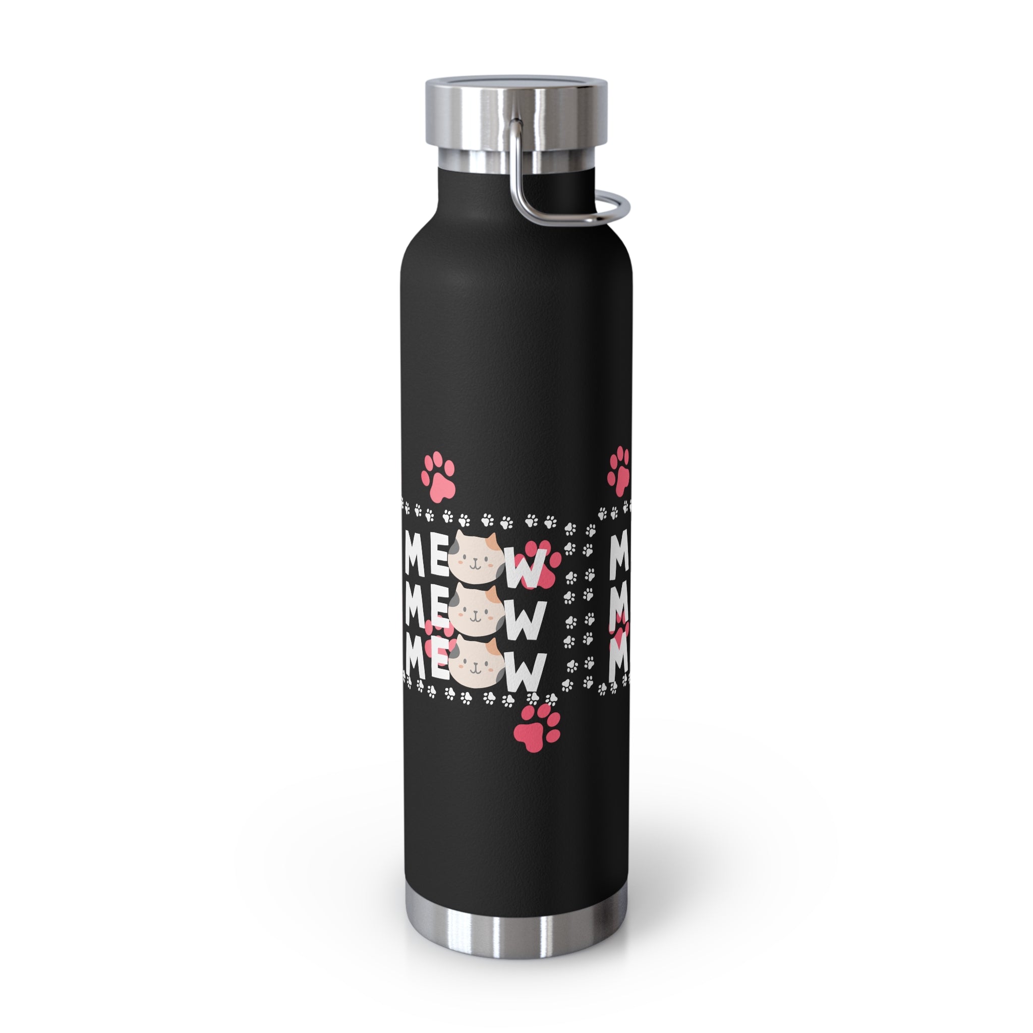 22oz Insulated Bottle — Red 'MEOW' Cute Cat Paw Print Design