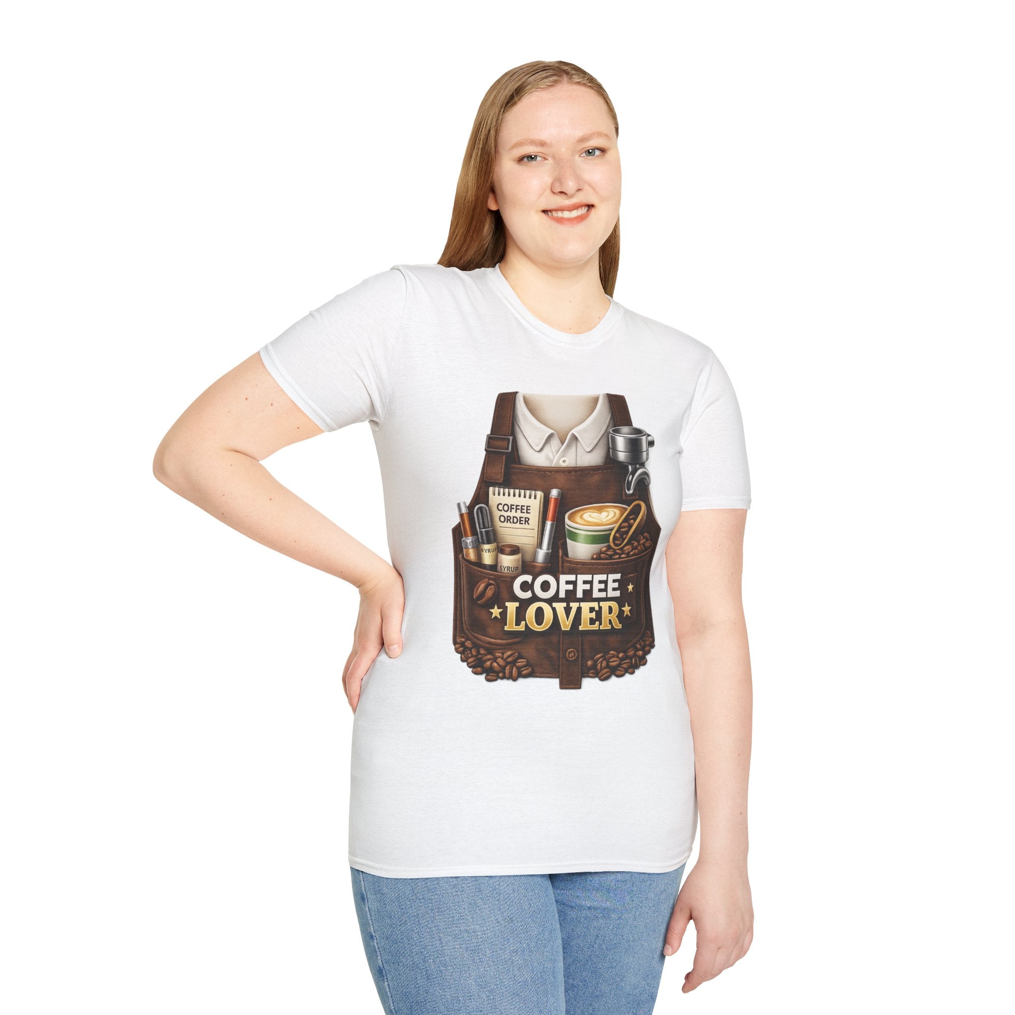 Coffee Lover T-Shirt — Barista Apron Graphic Tee (Coffee Beans, Espresso Art)