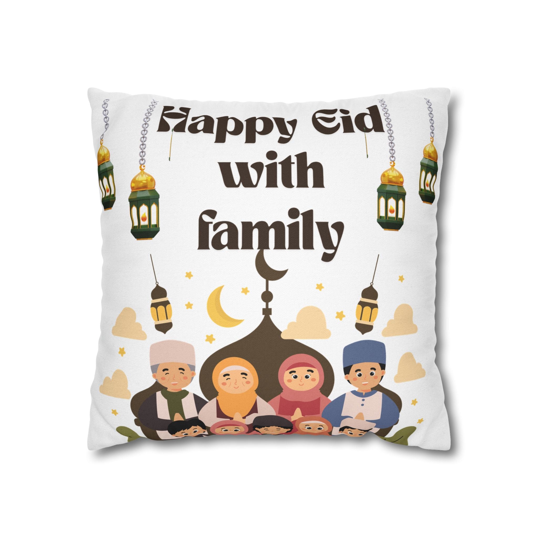 Eid Family Decorative Pillow — "Happy Eid with Family" Spun Polyester Cushion