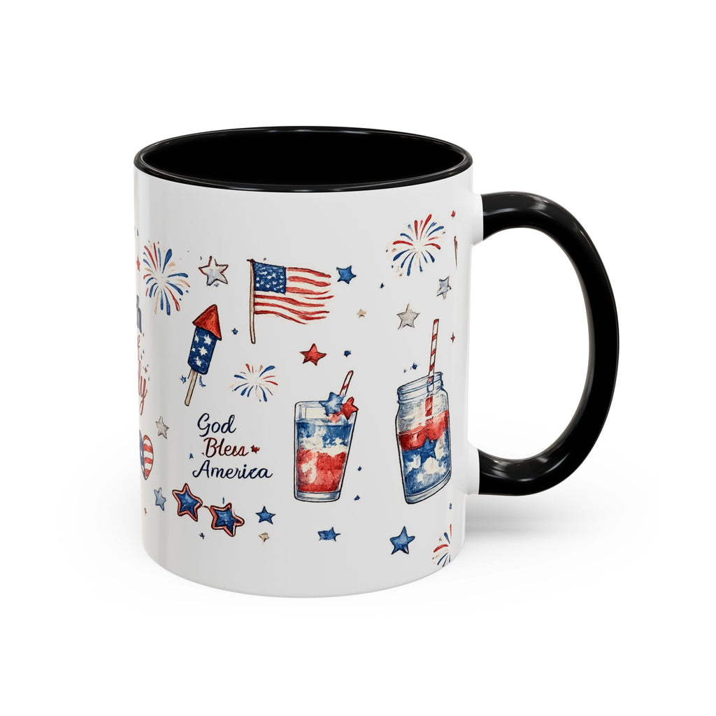 4th of July Accent Coffee Mug — Patriotic Fireworks & God Bless America Design (11oz)