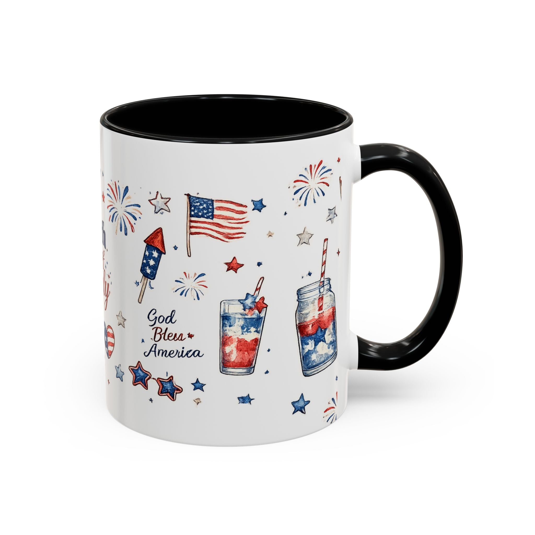 4th of July Accent Coffee Mug — Patriotic Fireworks & God Bless America Design (11oz)