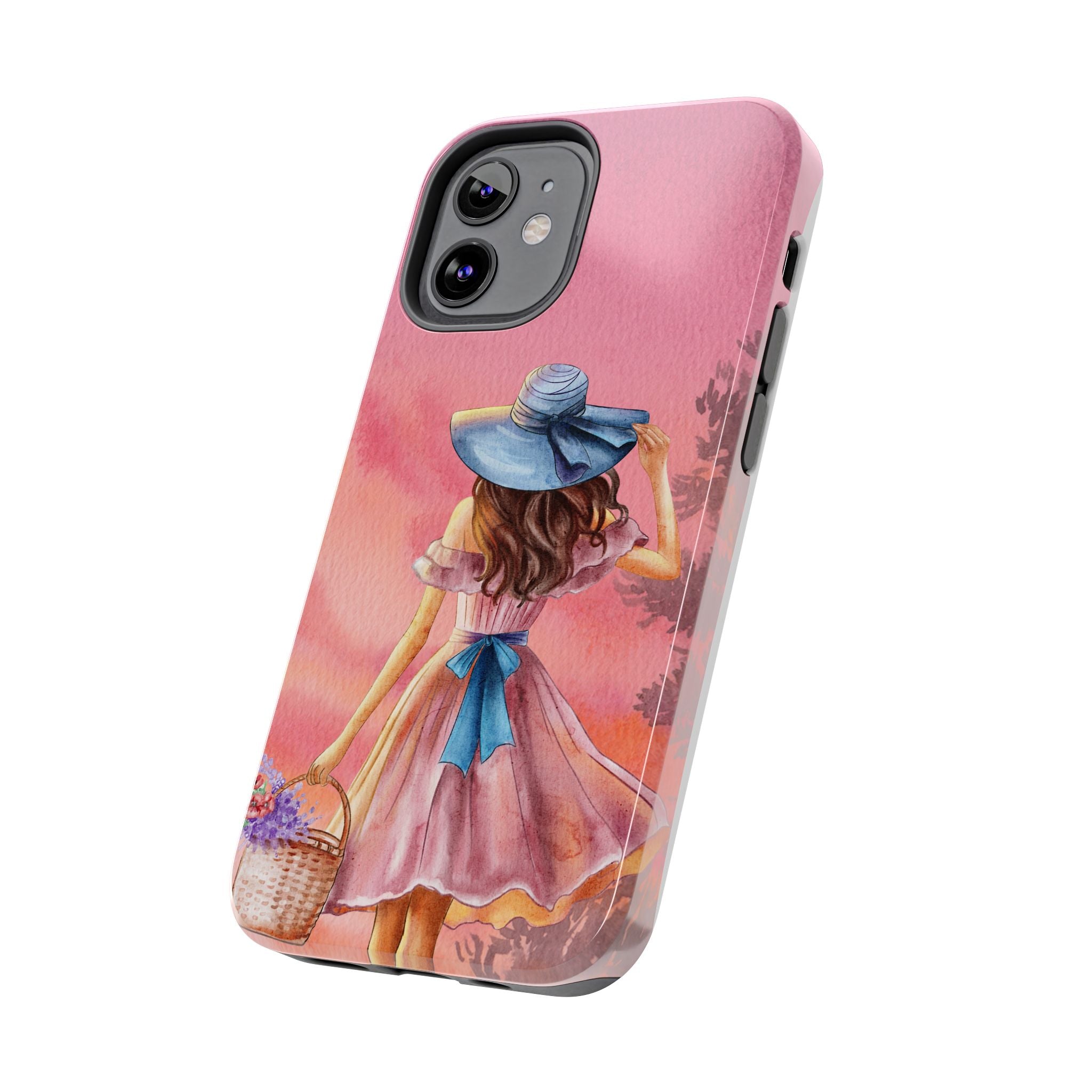 Pastel Picnic Girl Phone Case — Protective Tough Phone Case with Watercolor Sunset Design