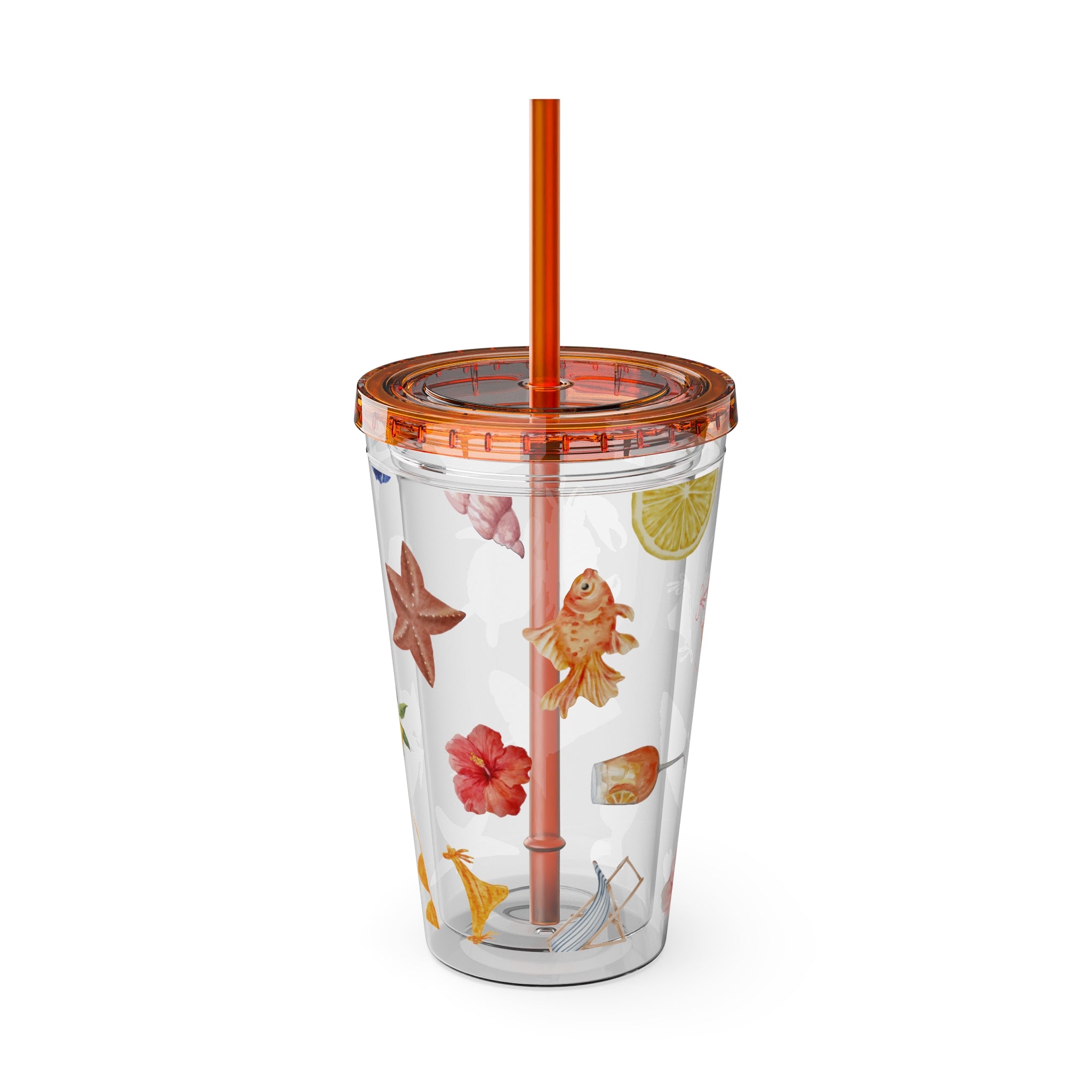 16oz Sunsplash Tumbler with Straw — Beach Shell & Tropical Watercolor Pattern