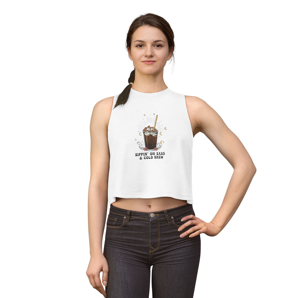 Cold Brew Crop Top — "Sippin' On Sass & Cold Brew" Coffee Graphic Tank