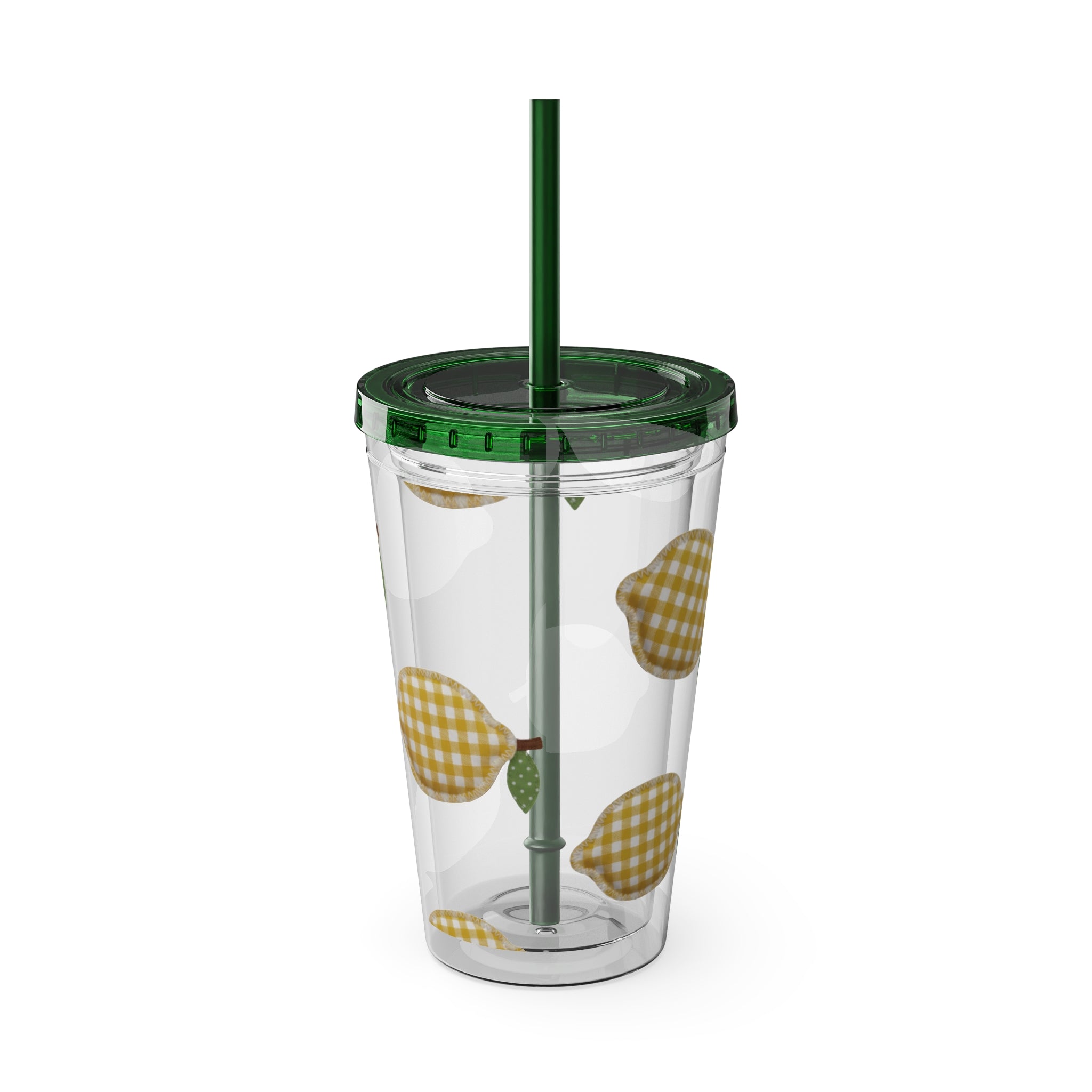 Gingham Pear Sunsplash Tumbler, 16oz Clear Travel Cup with Straw
