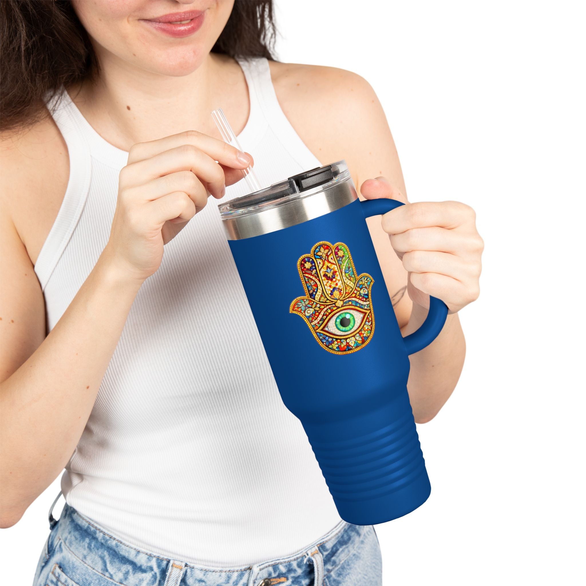 40oz Insulated Travel Mug – Colorful Hamsa Hand with Eye | Spiritual Protection Tumbler