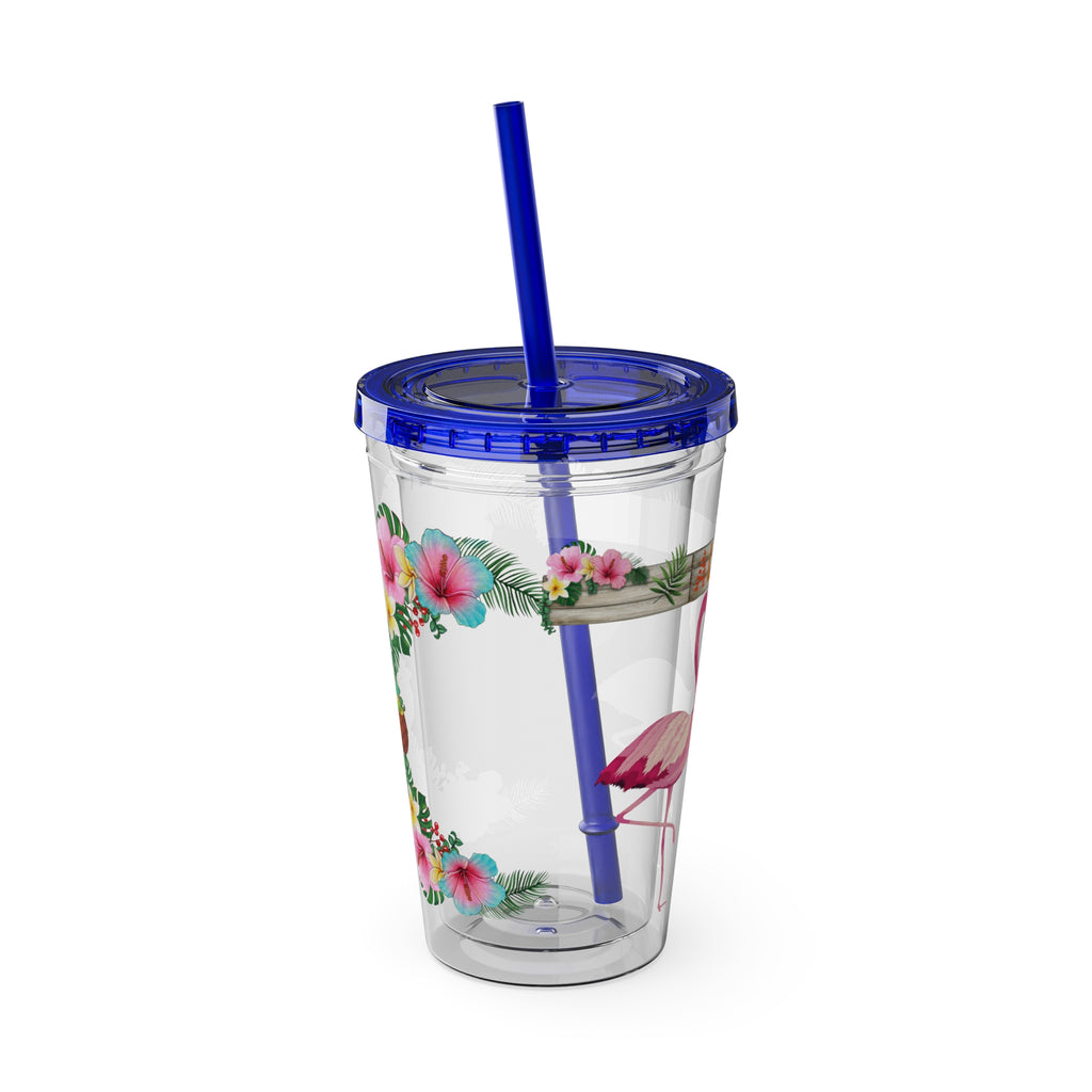 16oz Flamingo Aloha Tumbler with Straw — Tropical Sunsplash Drink Cup