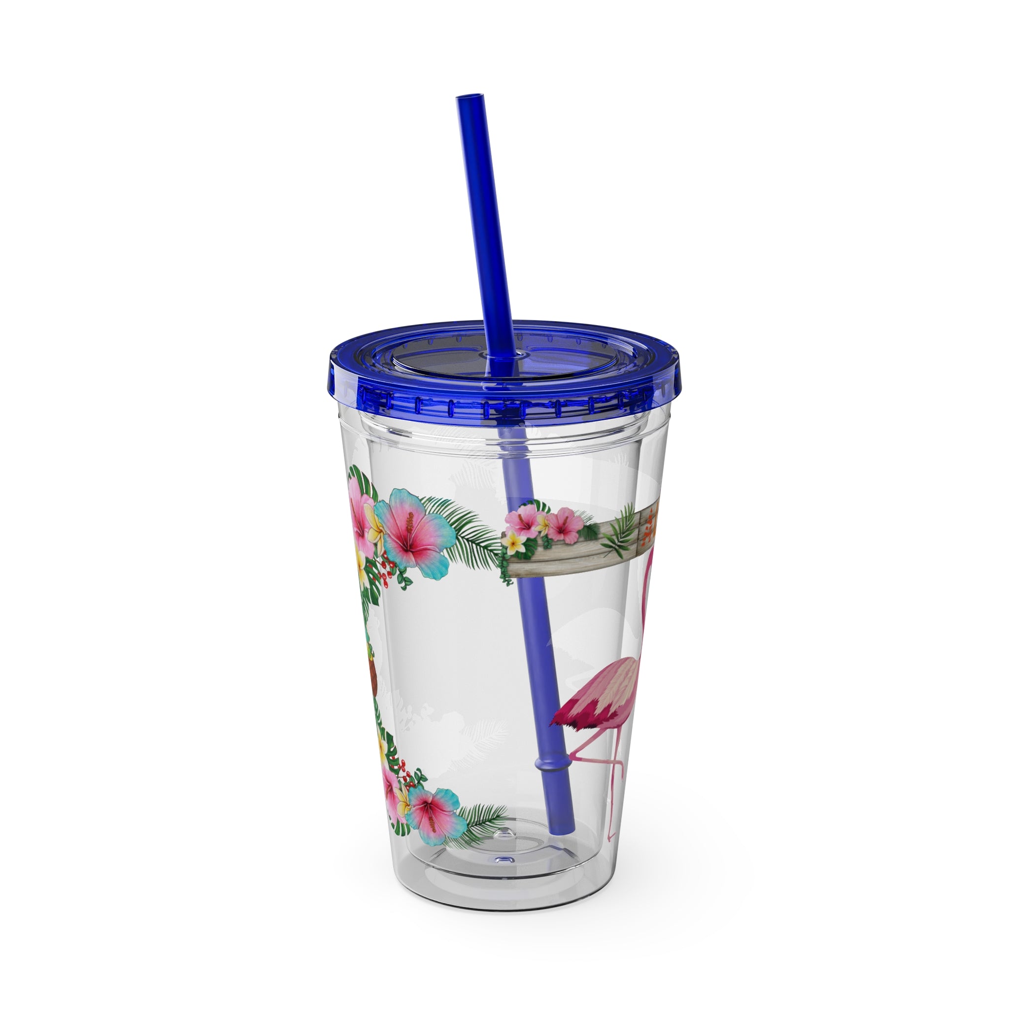 16oz Flamingo Aloha Tumbler with Straw — Tropical Sunsplash Drink Cup