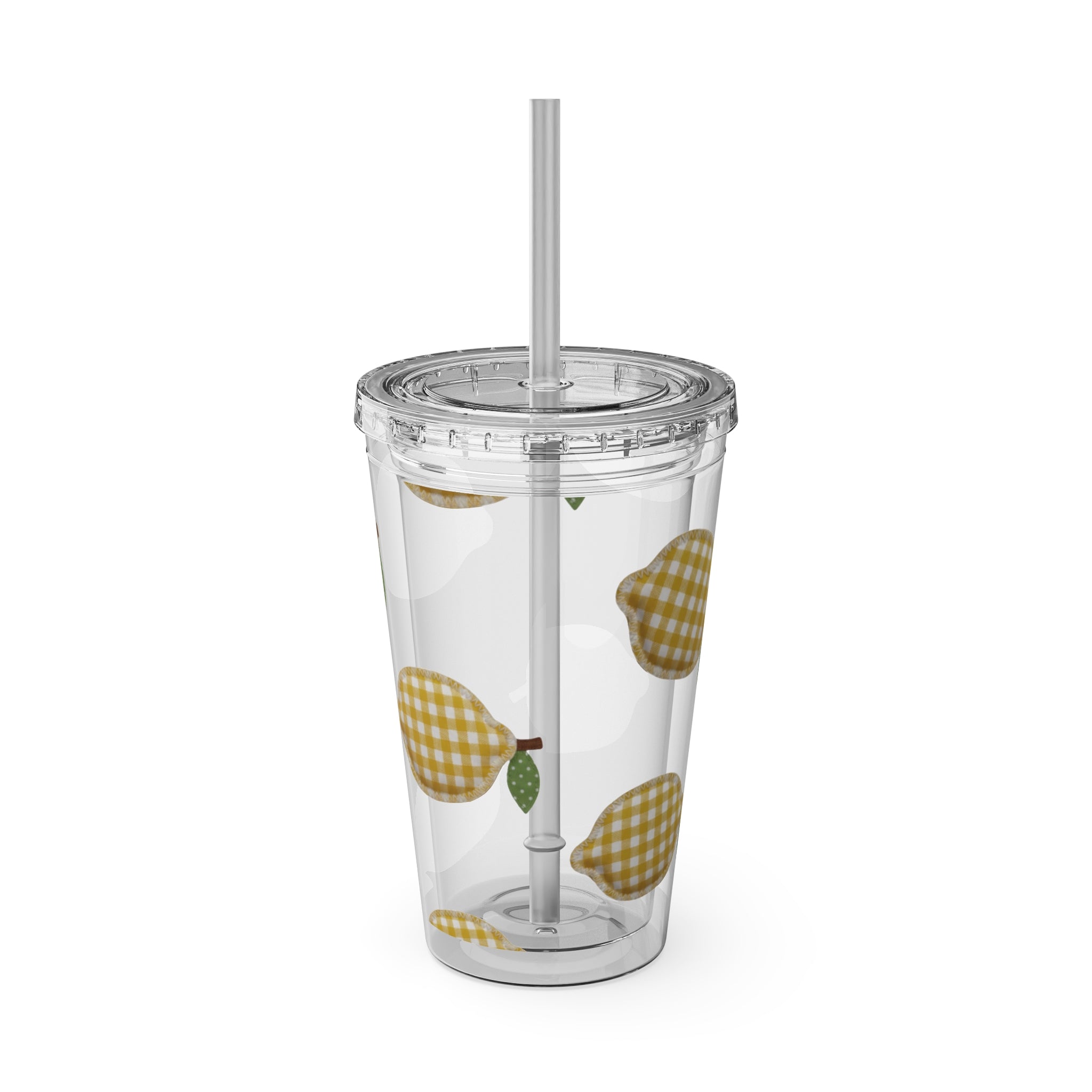 Gingham Pear Sunsplash Tumbler, 16oz Clear Travel Cup with Straw