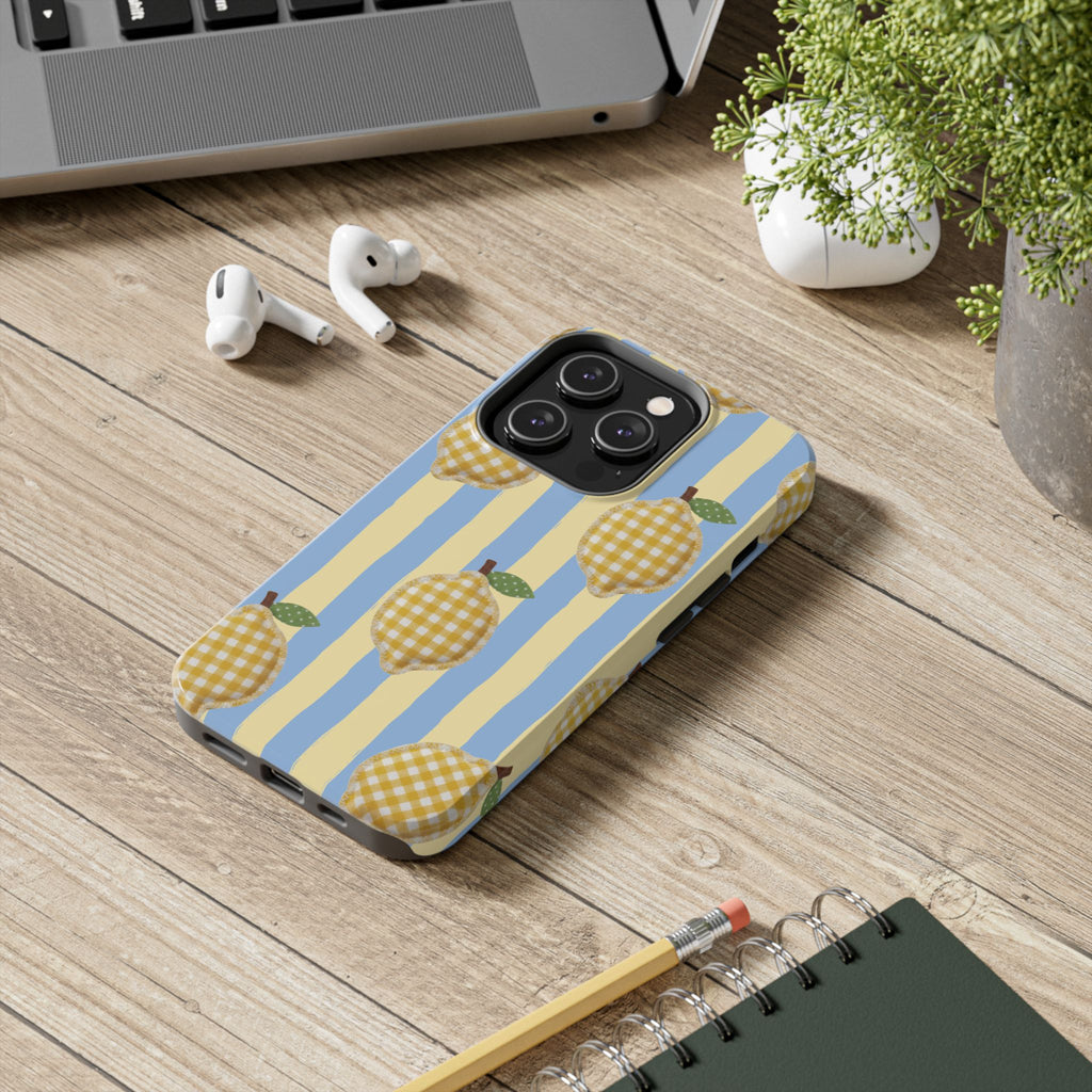Tough Phone Case — Blue & Yellow Gingham Lemon Design