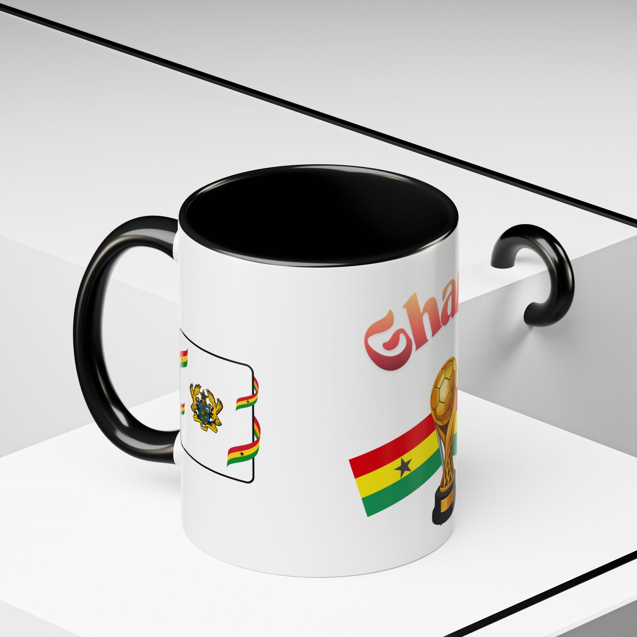 Ghana Soccer Trophy Accent Coffee Mug — Ghana Flag Football Cup Design (11/15oz)