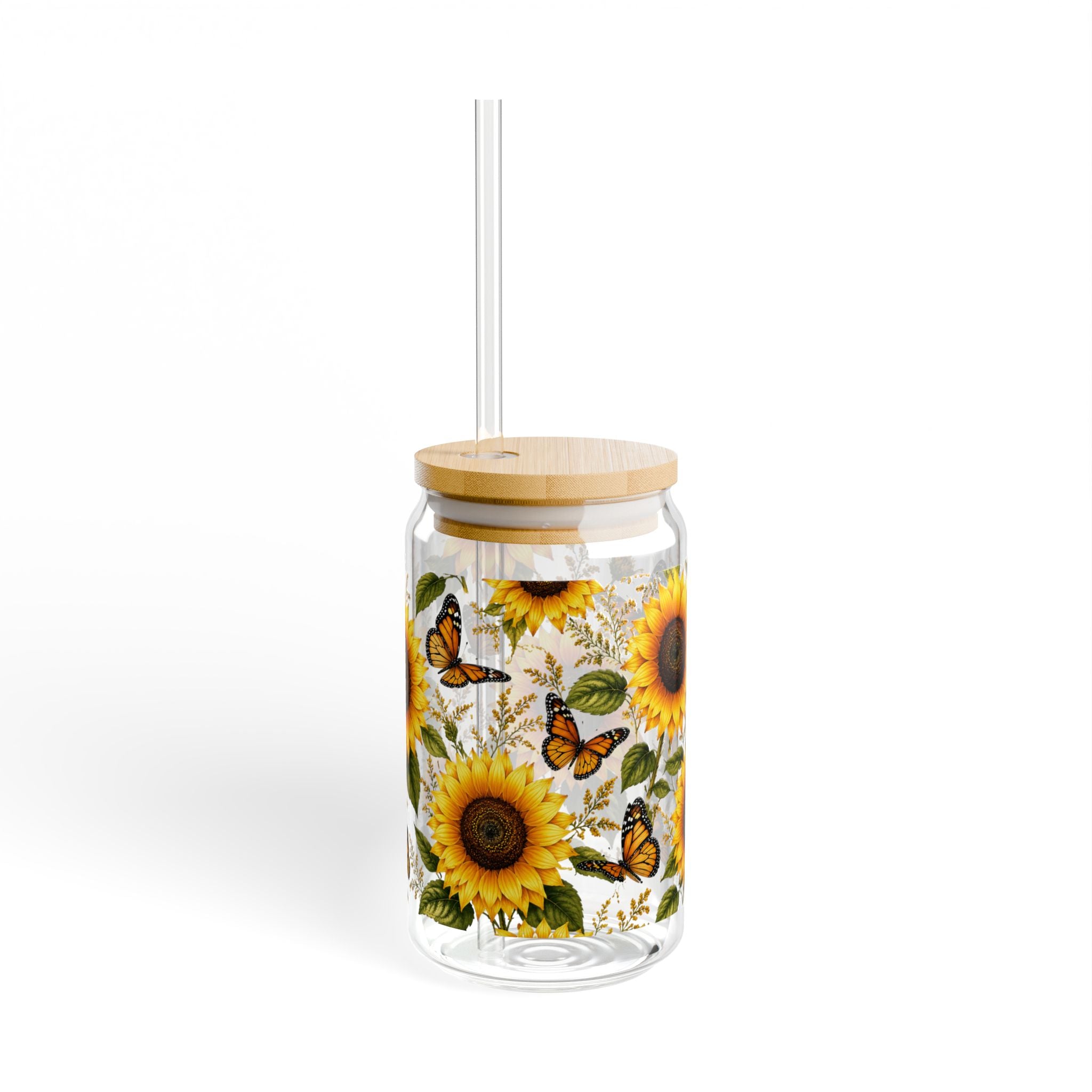 Sunflower & Butterfly Sipper Glass — 16oz Reusable Straw Tumbler