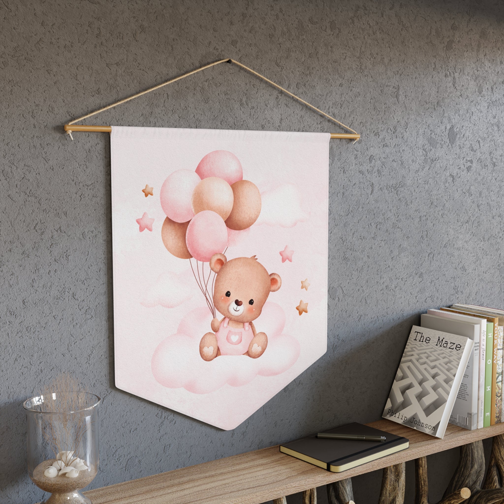 Nursery Pennant — Pink Teddy Bear with Balloons Wall Banner