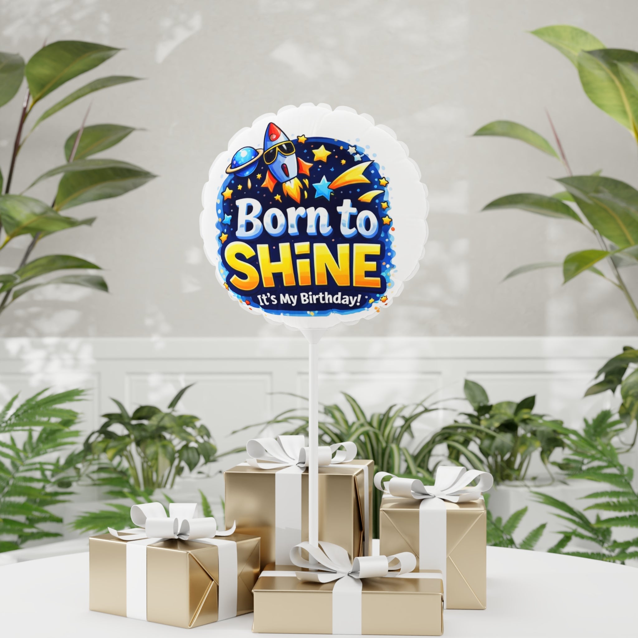 Born to Shine 11" Birthday Balloon — Rocket & Stars Foil Party Balloon
