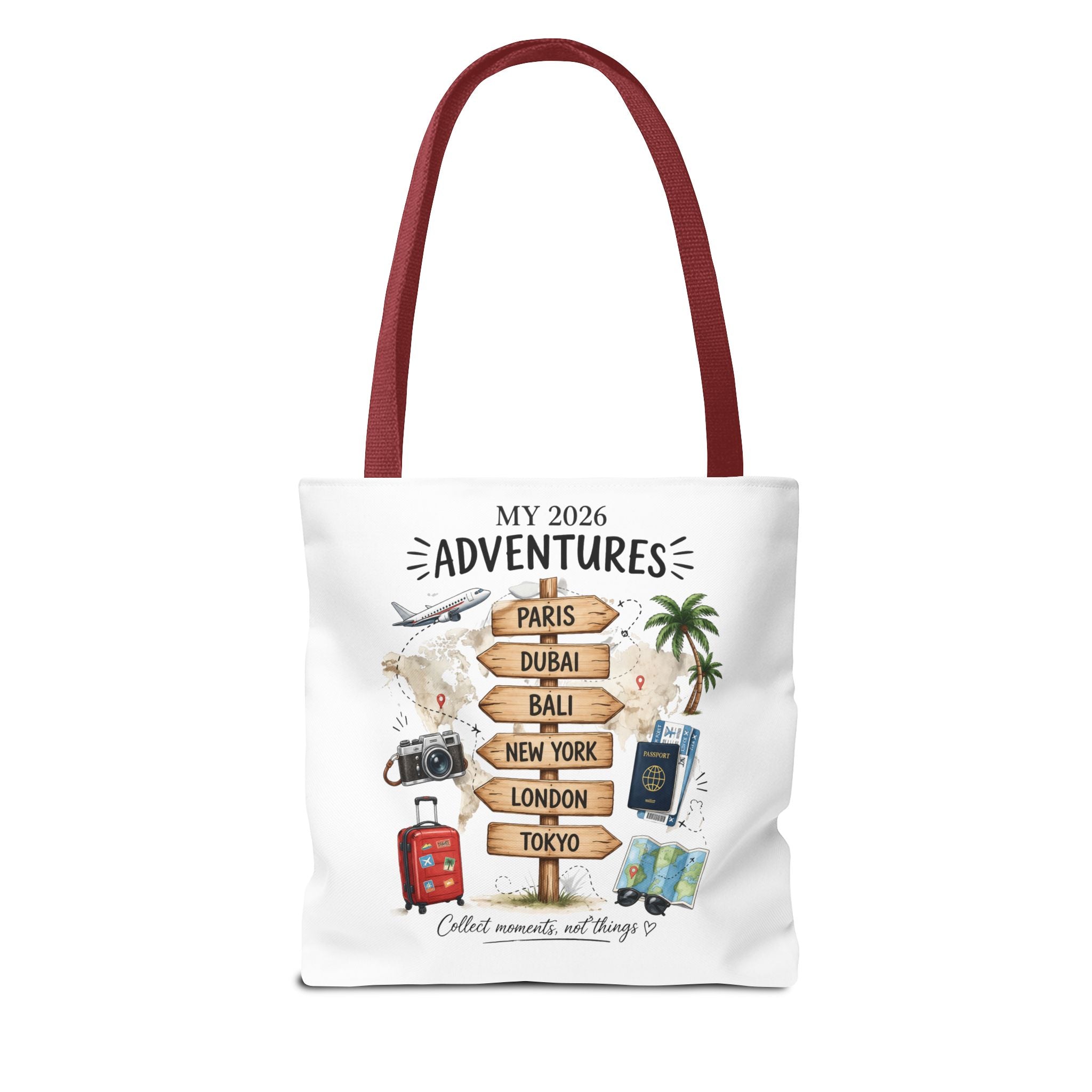 2026 Travel Adventures Tote Bag — 'My 2026 Adventures' World Cities Signpost Design