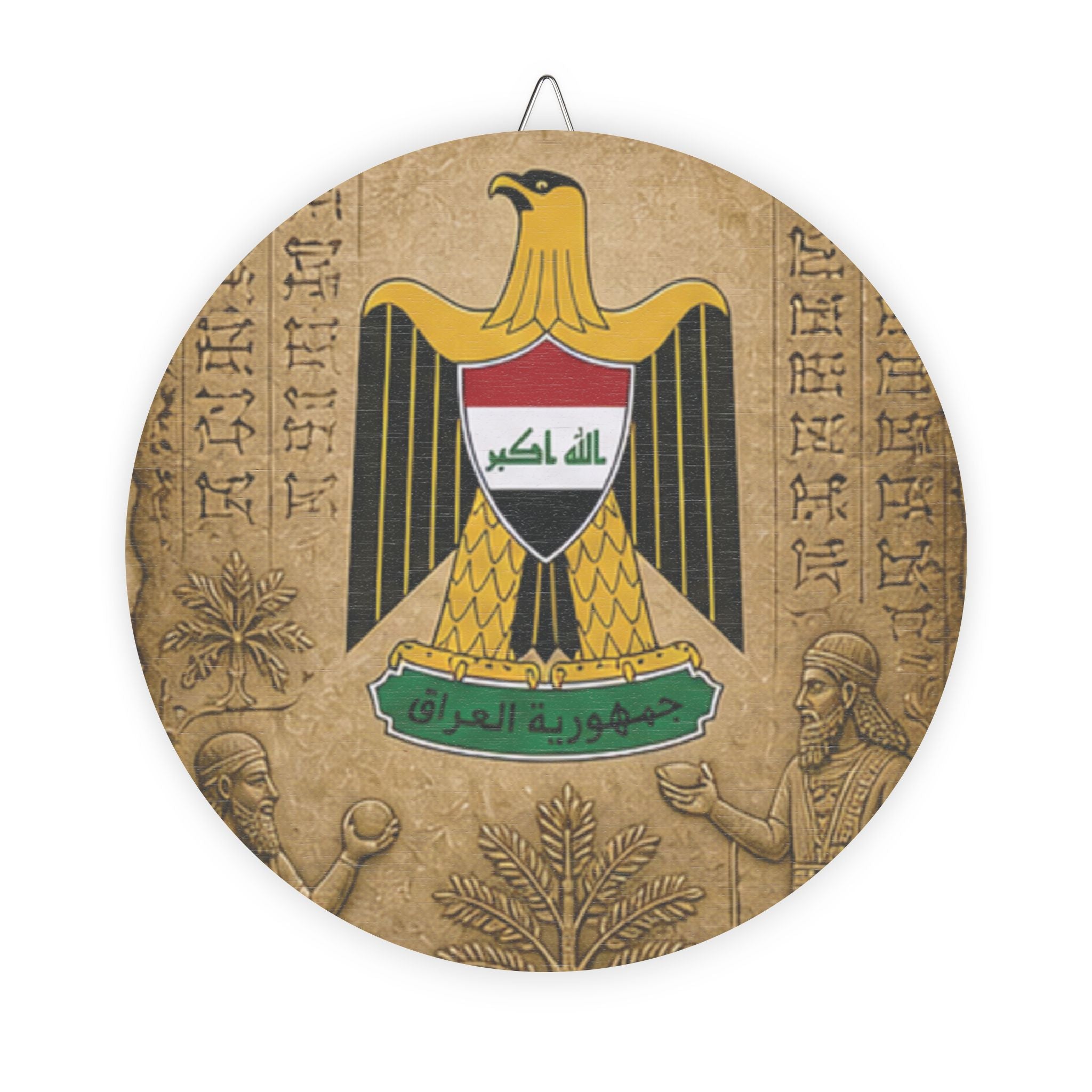 Iraq Coat of Arms Round Wood Sign – Rustic Patriotic Wall Decor