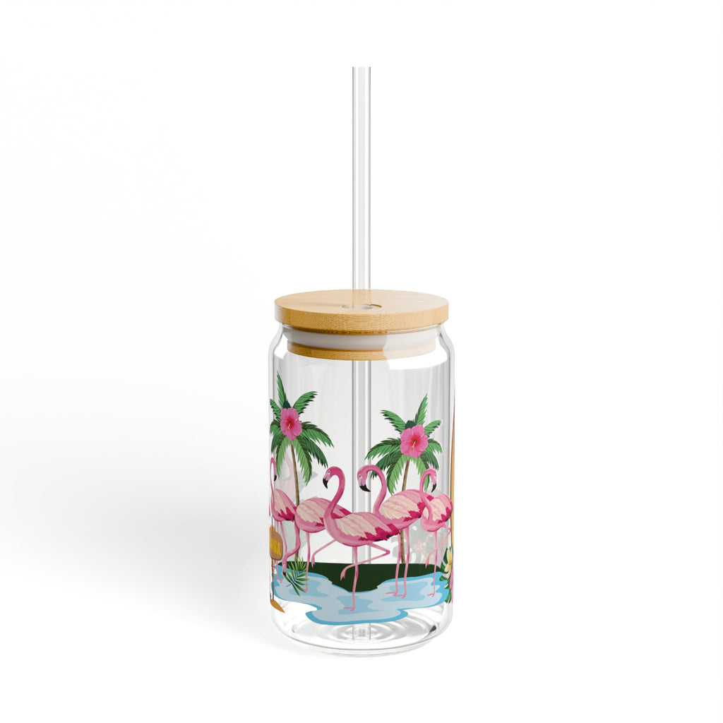 Flamingo Beach Sipper Glass — 16oz Tropical Drink Jar with Straw