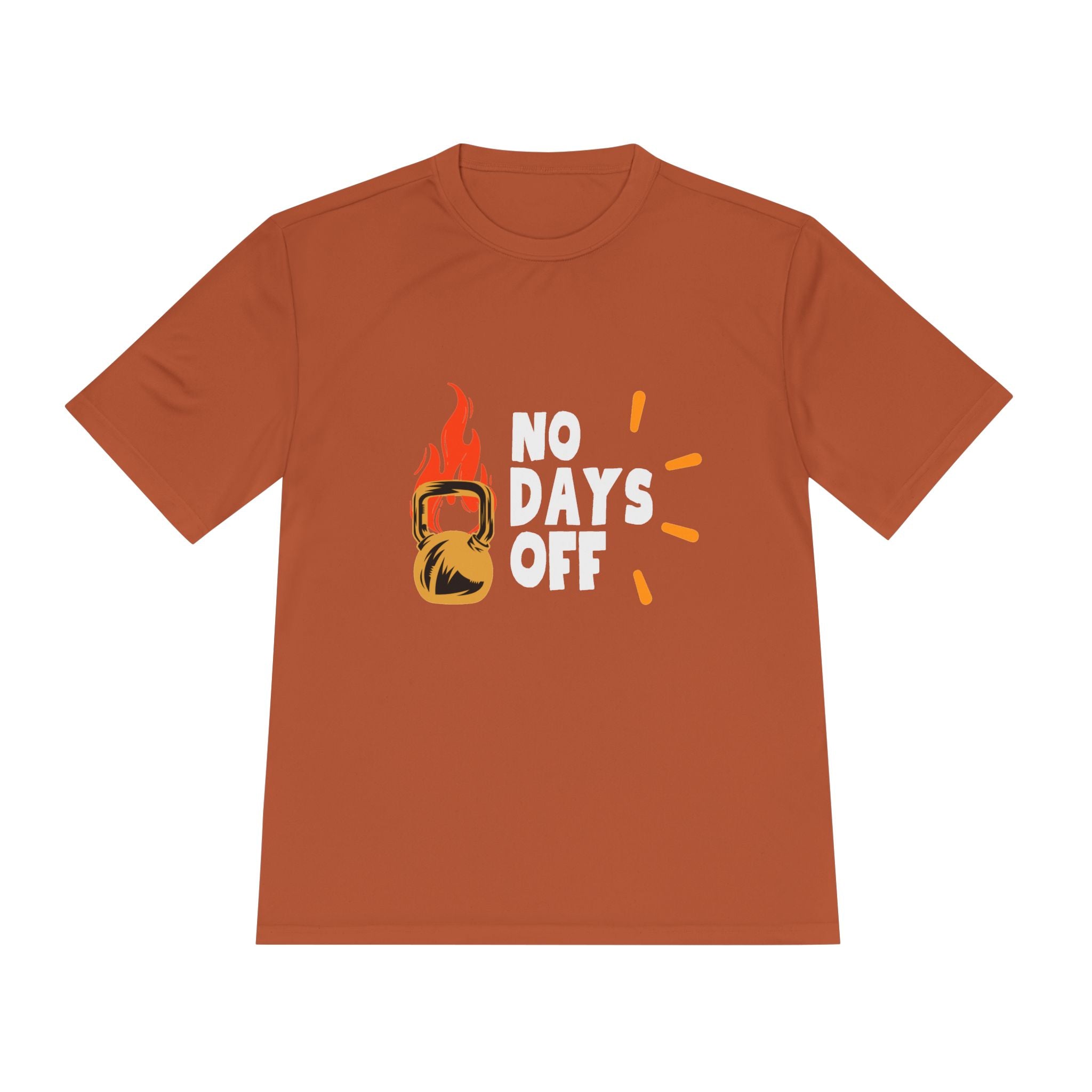 No Days Off Flame Kettlebell Tee — Motivational Gym Workout Shirt