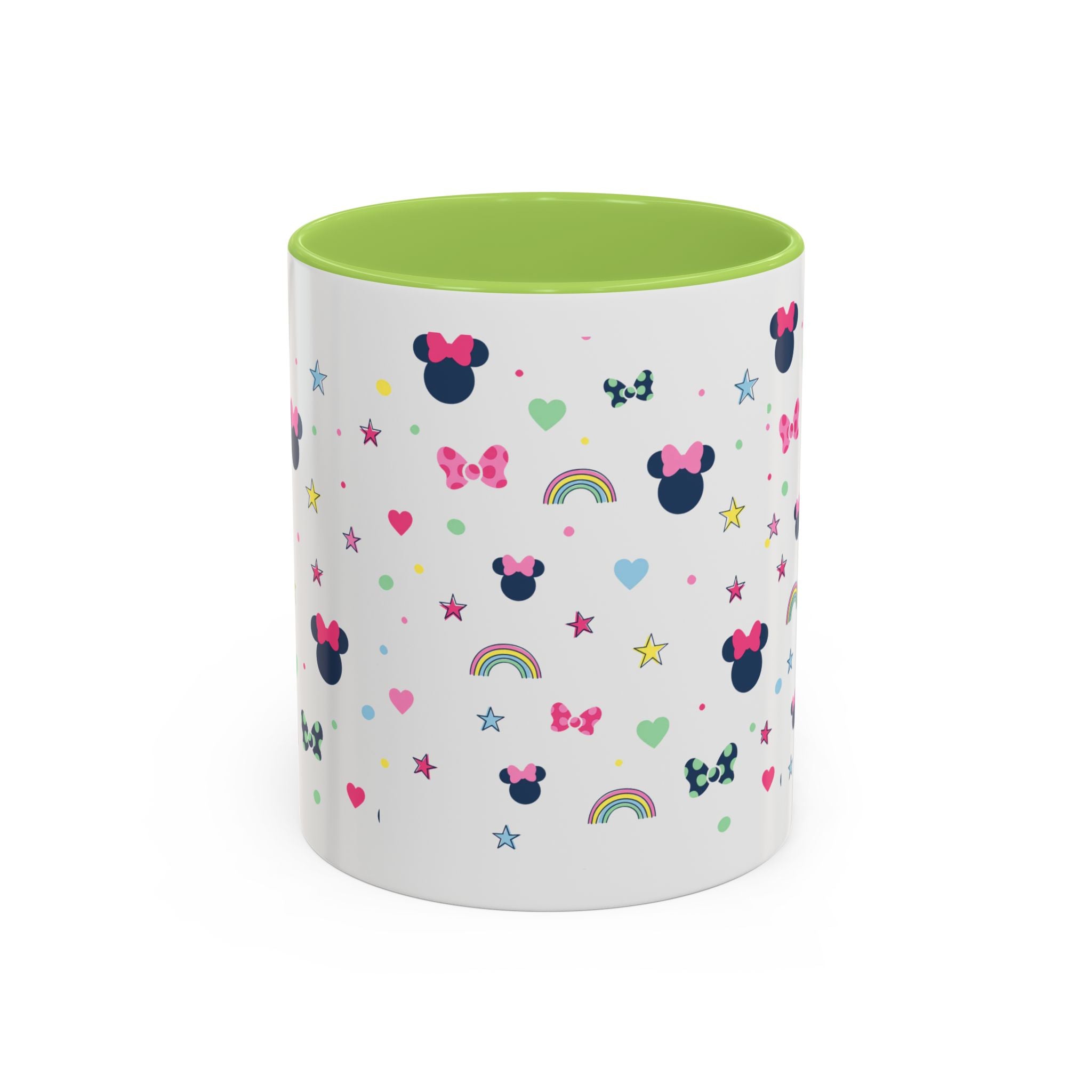 Minnie Dots Accent Coffee Mug — Cute Rainbow & Bow Pattern (11oz)
