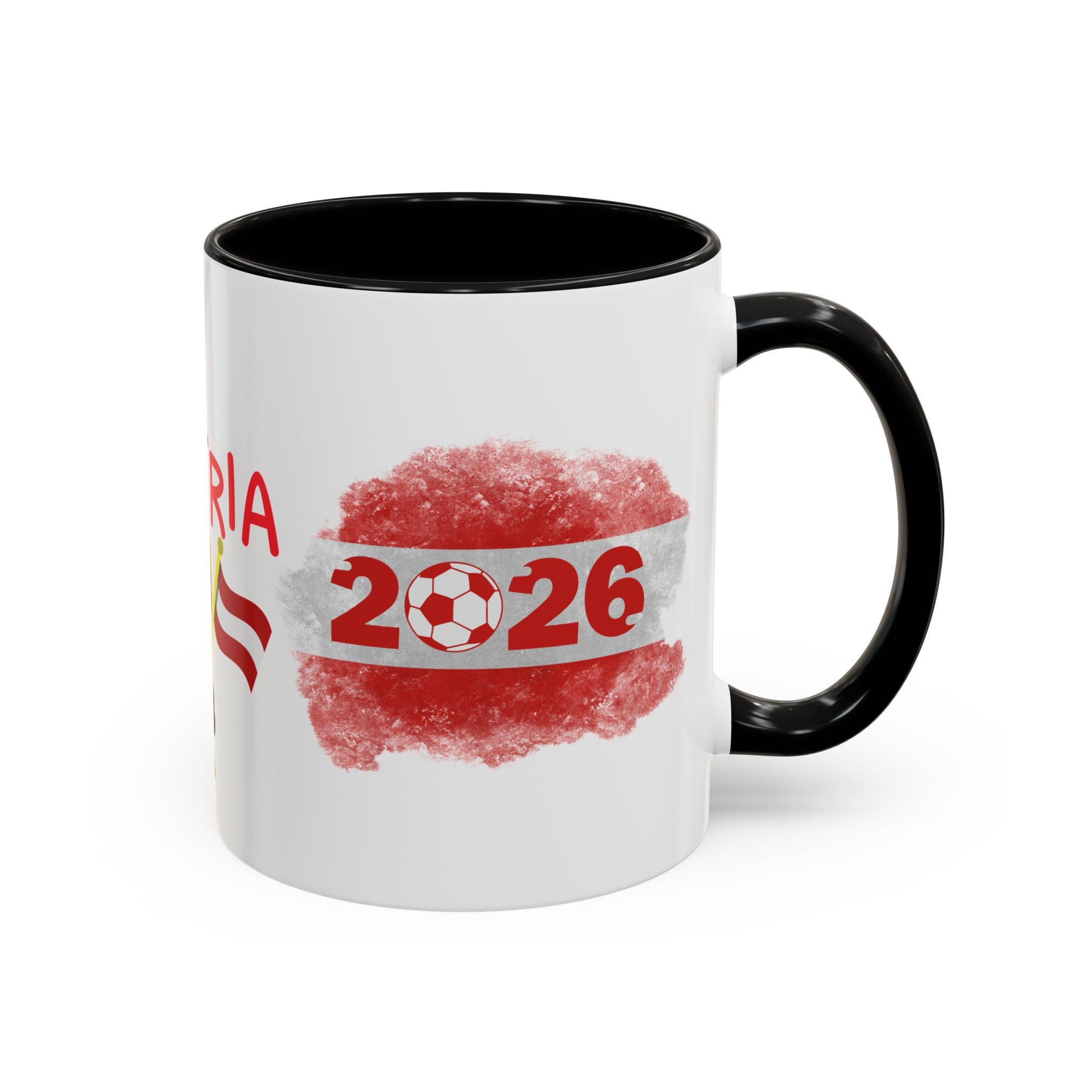 Austria 2026 Soccer Cup Accent Coffee Mug — Red Flag & Trophy Design (11/15oz)