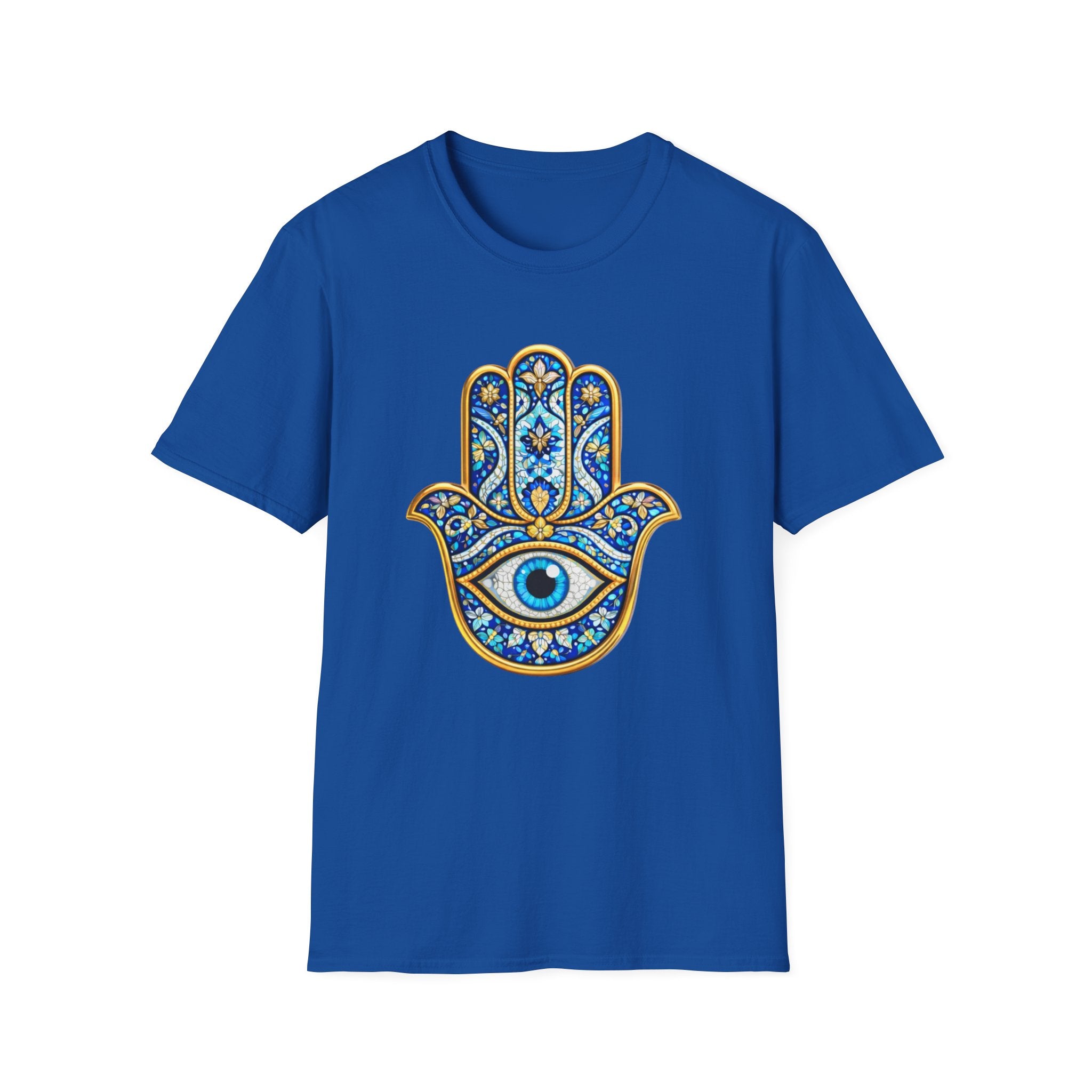 Hamsa Hand T-Shirt with Evil Eye – Blue Mosaic Protection Tee