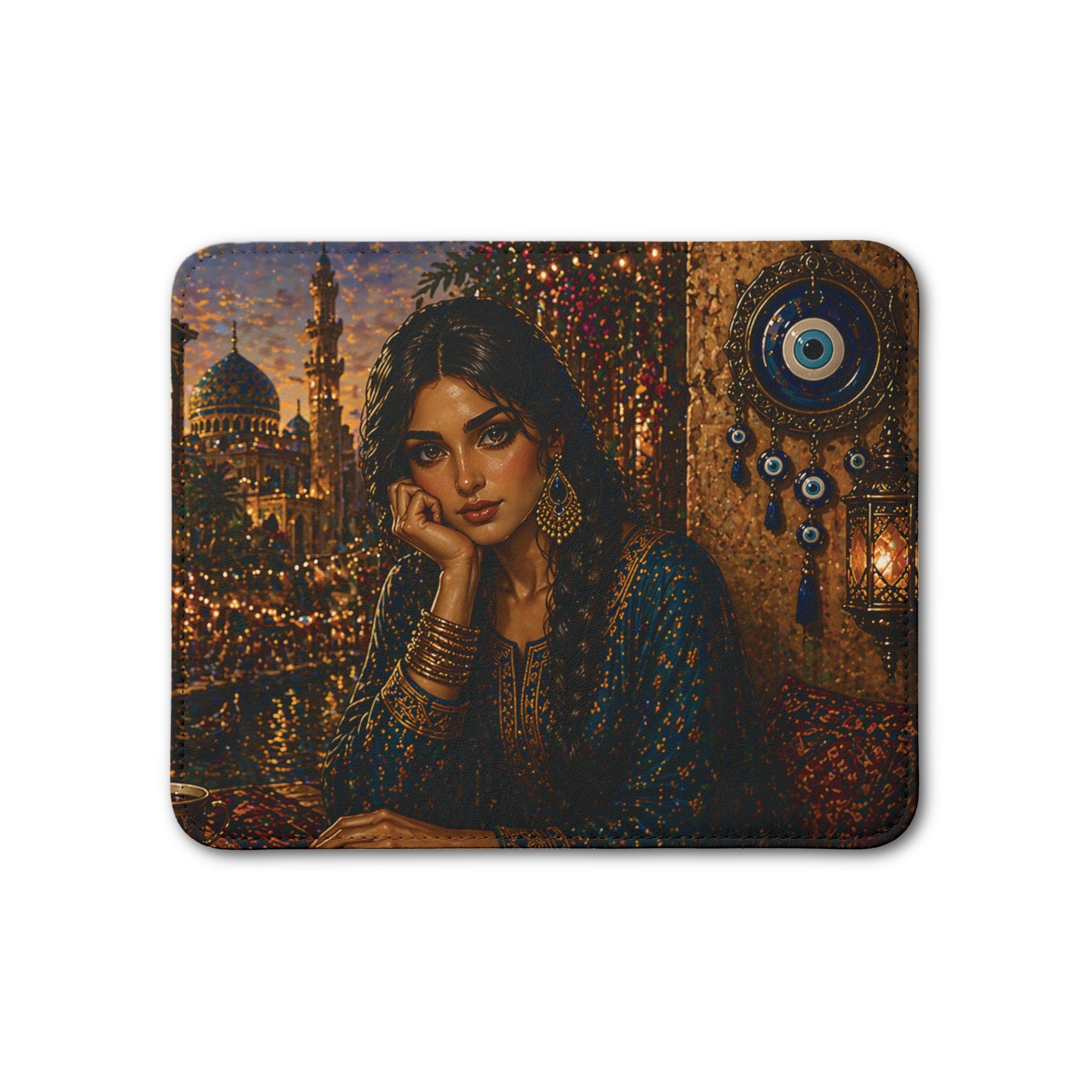 Leather Placemat — Middle Eastern Portrait Design with Evil Eye Accent