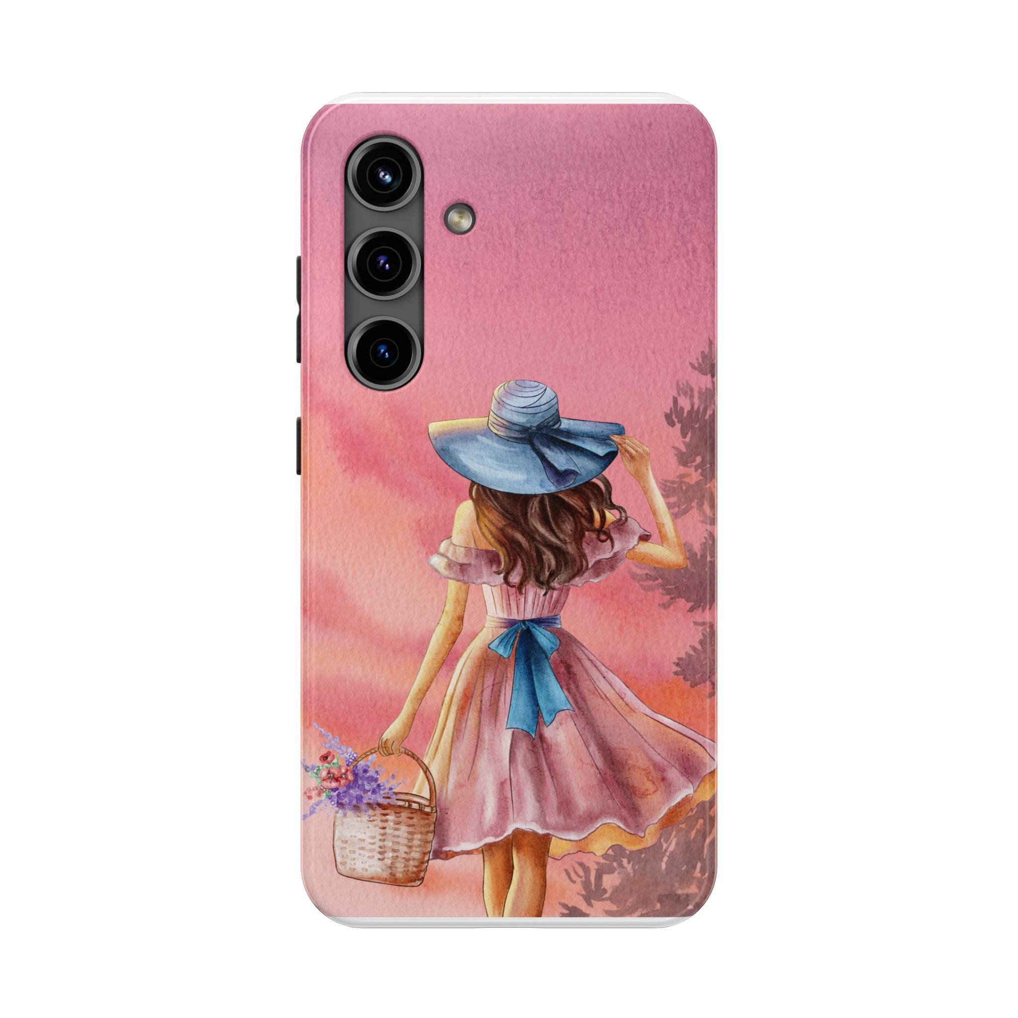 Pastel Picnic Girl Phone Case — Protective Tough Phone Case with Watercolor Sunset Design