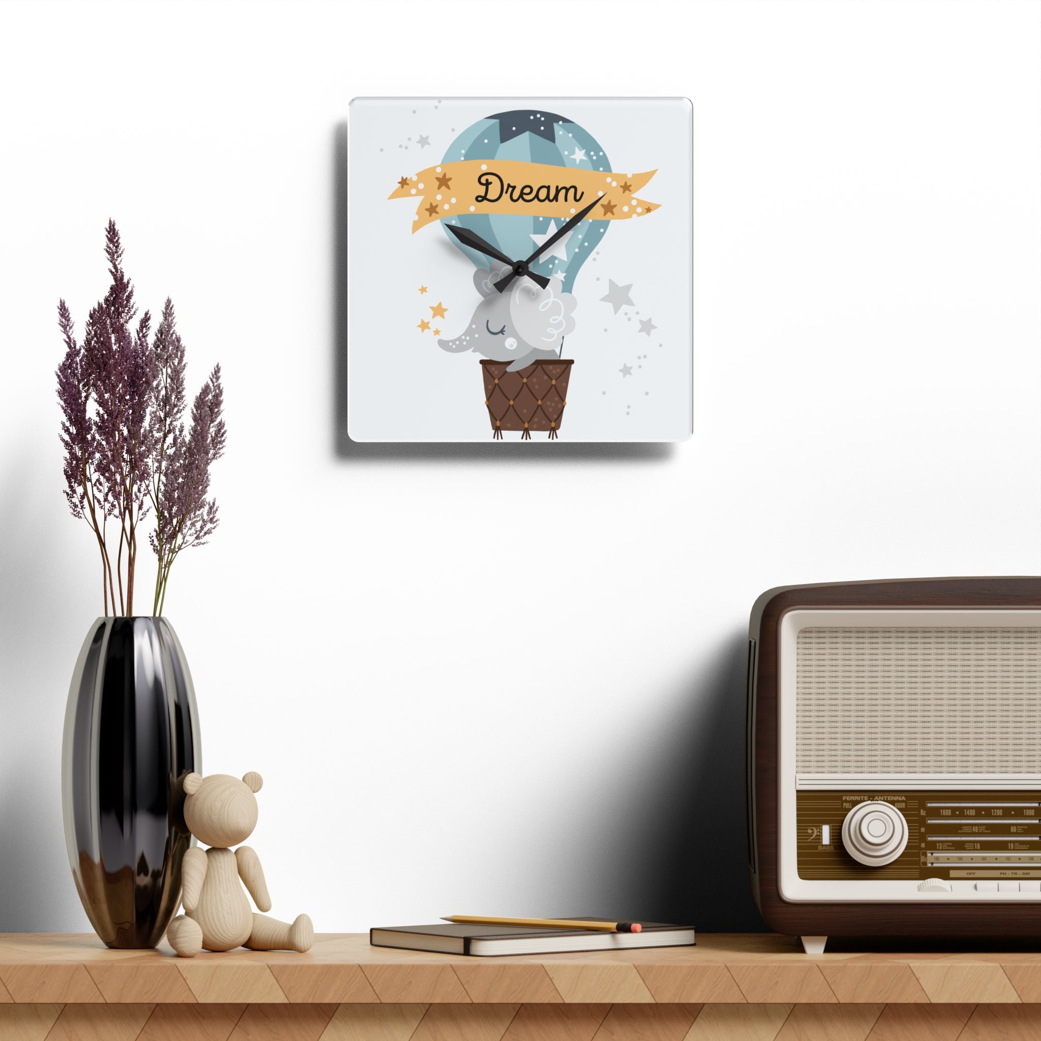 Acrylic Wall Clock - Cute Dreamy Elephant Hot Air Balloon Nursery Clock