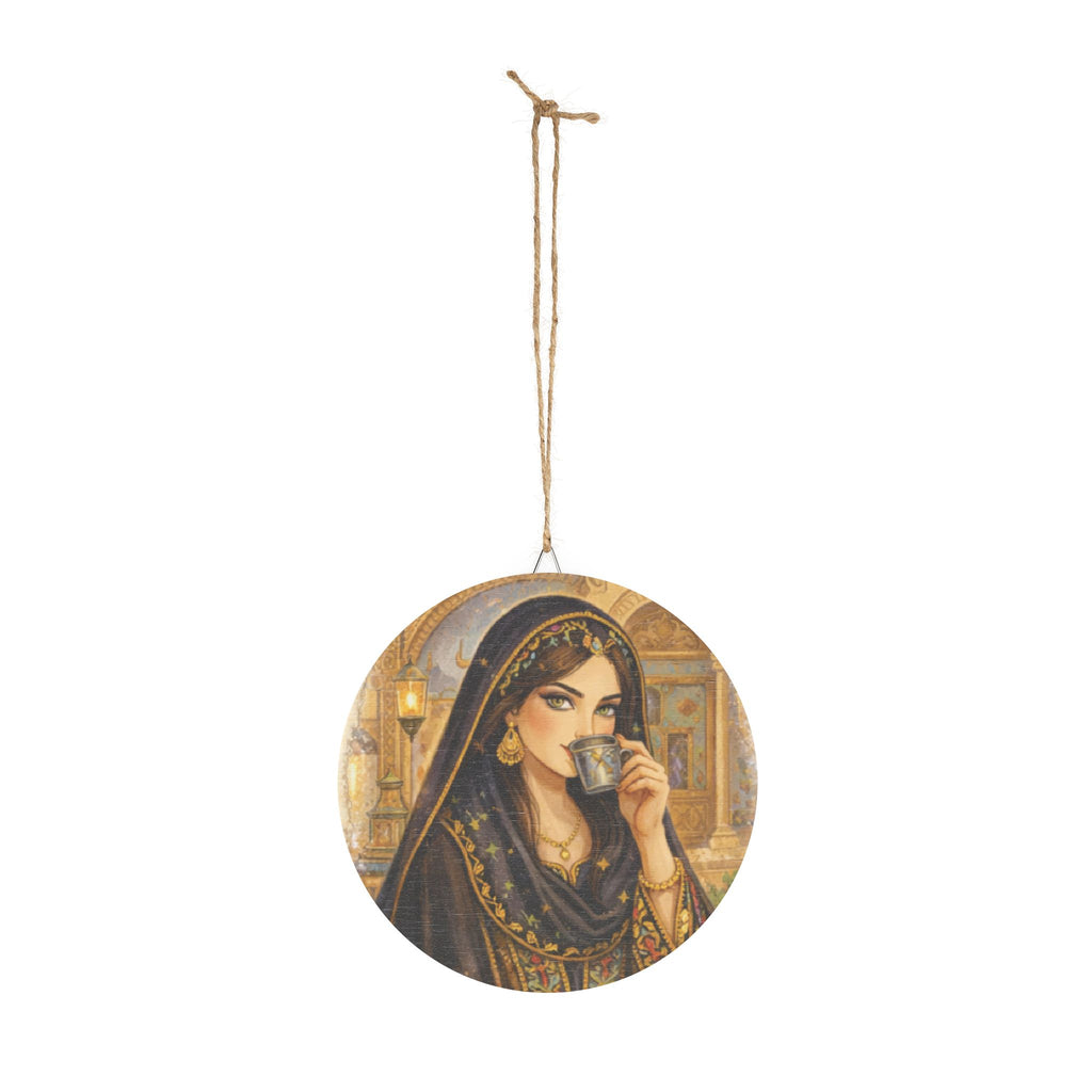 Middle Eastern Woman Drinking Tea Round Wood Sign – Bohemian Vintage Wall Art