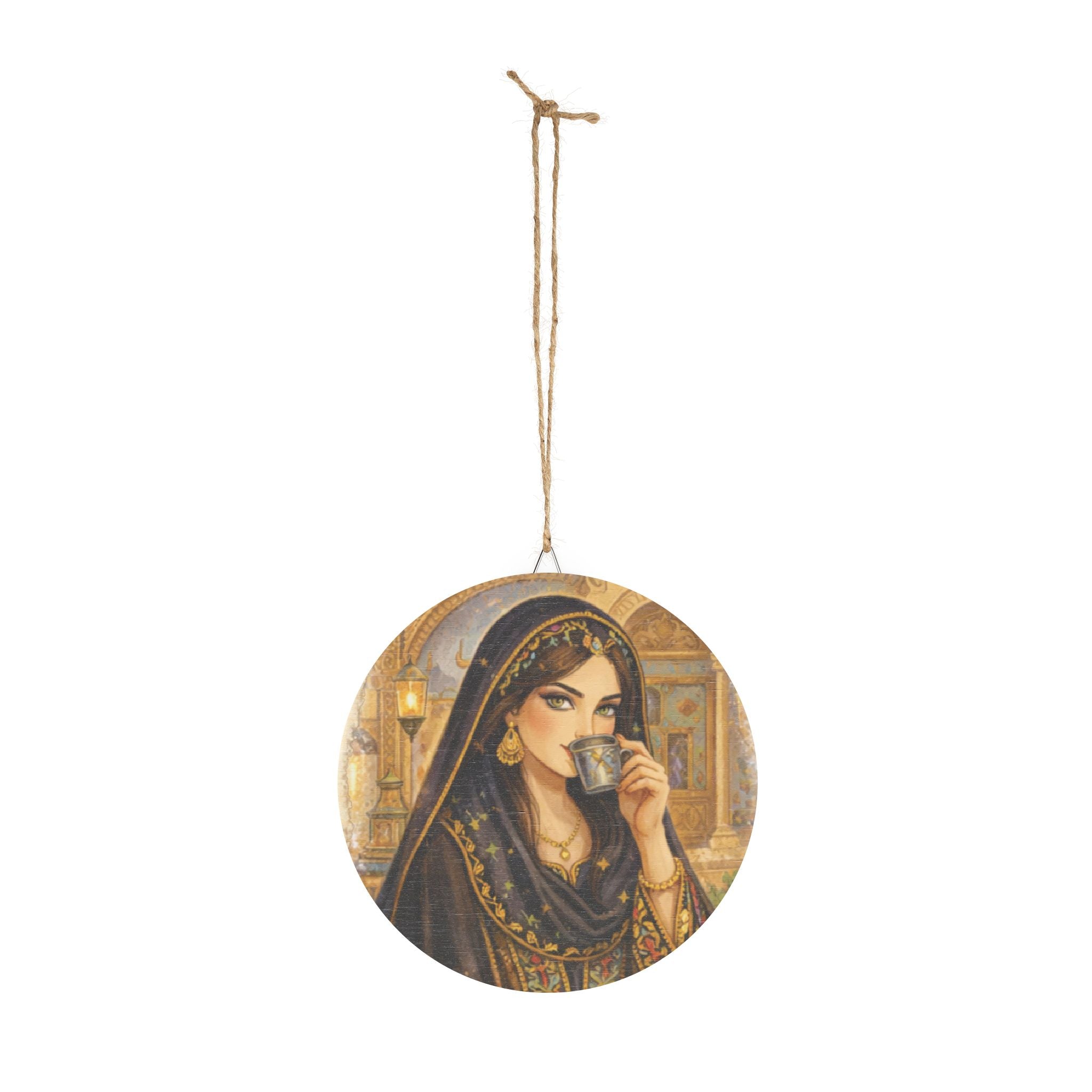 Middle Eastern Woman Drinking Tea Round Wood Sign – Bohemian Vintage Wall Art