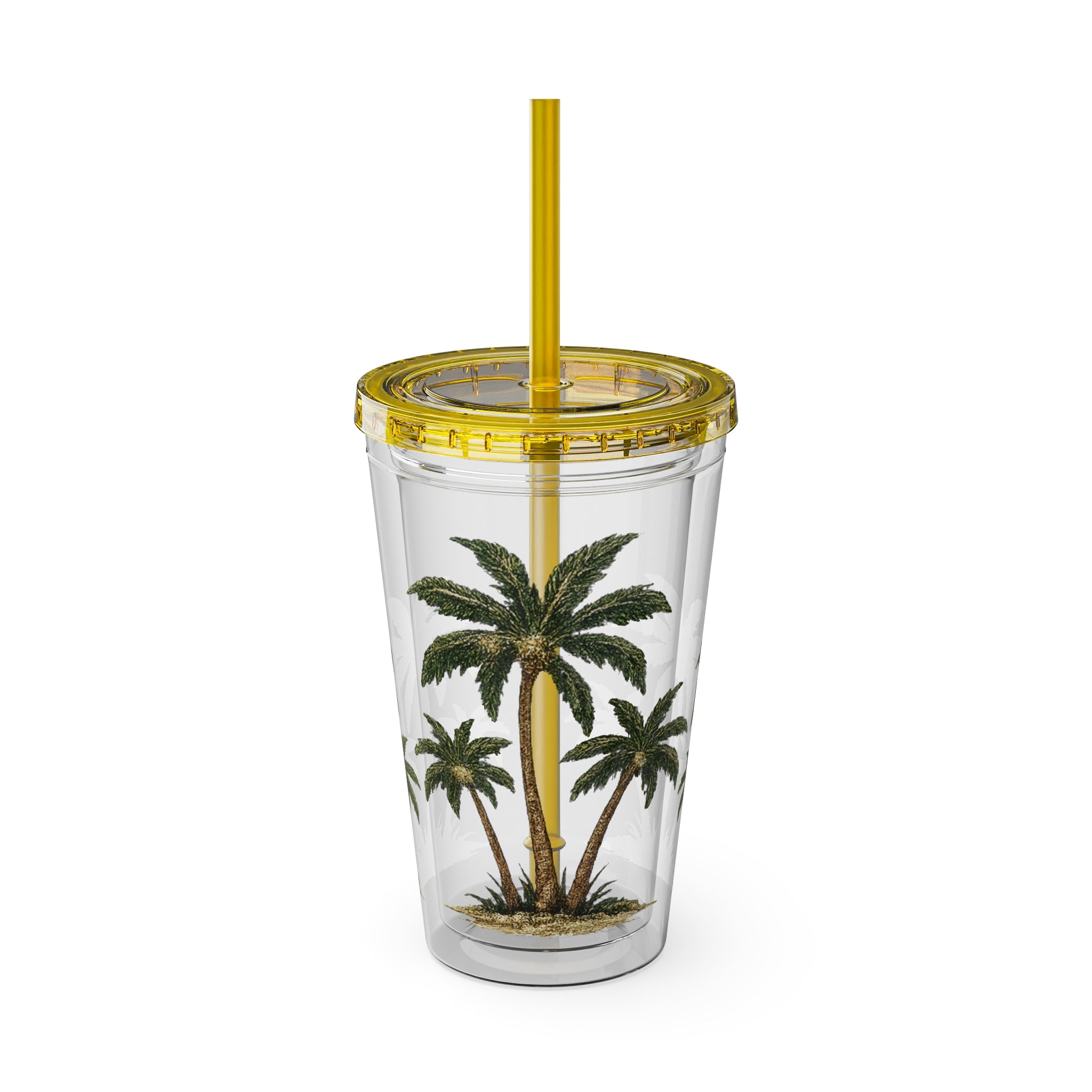 Palm Tree Tumbler — 16oz Clear Travel Cup with Straw, Tropical Sunsplash Design