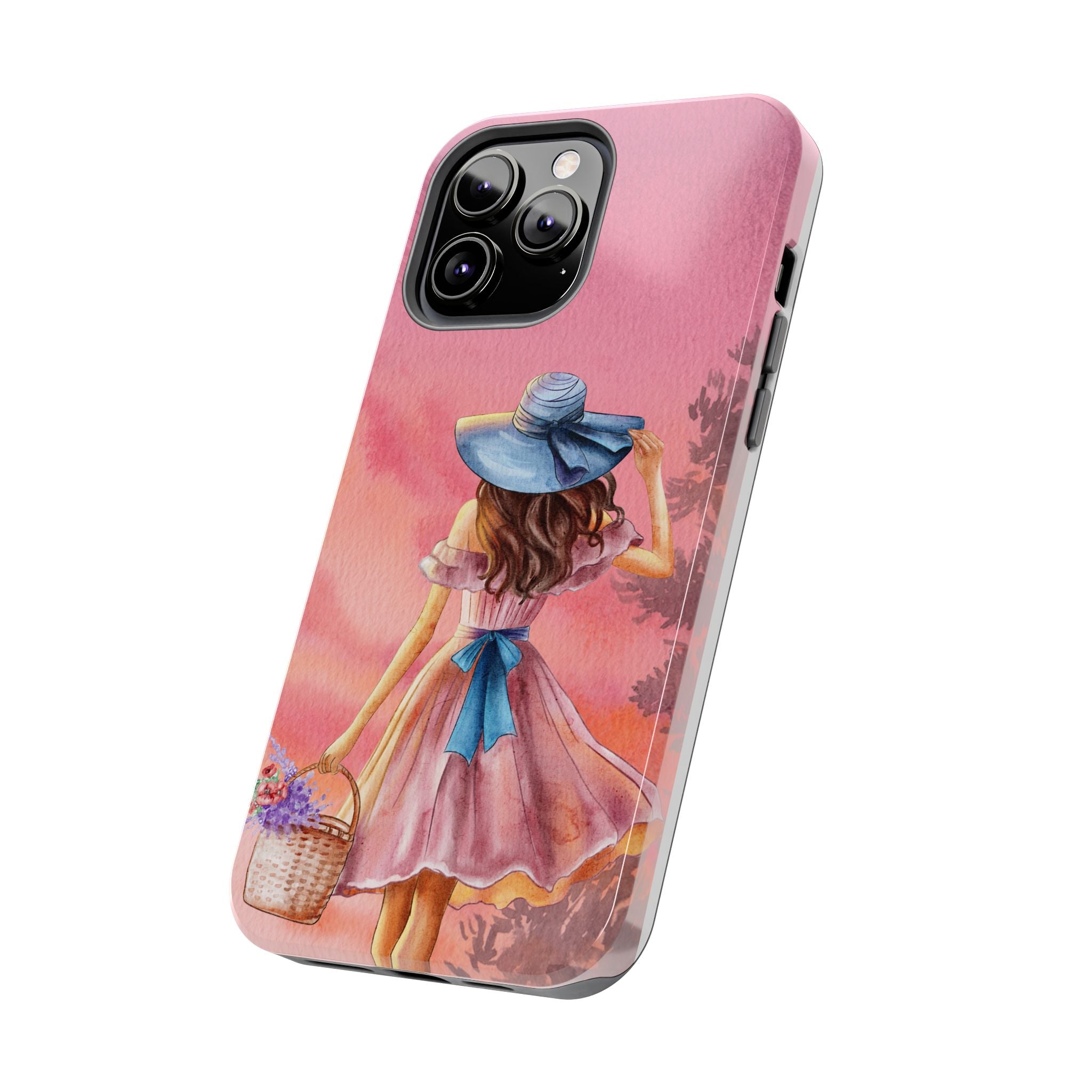 Pastel Picnic Girl Phone Case — Protective Tough Phone Case with Watercolor Sunset Design