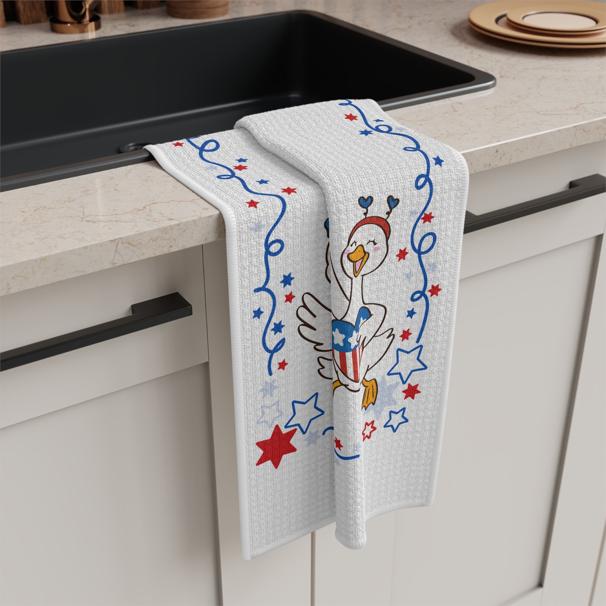 4th of July Patriotic Tea Towel — Red, White & Blue Flag Ducks Kitchen Decor