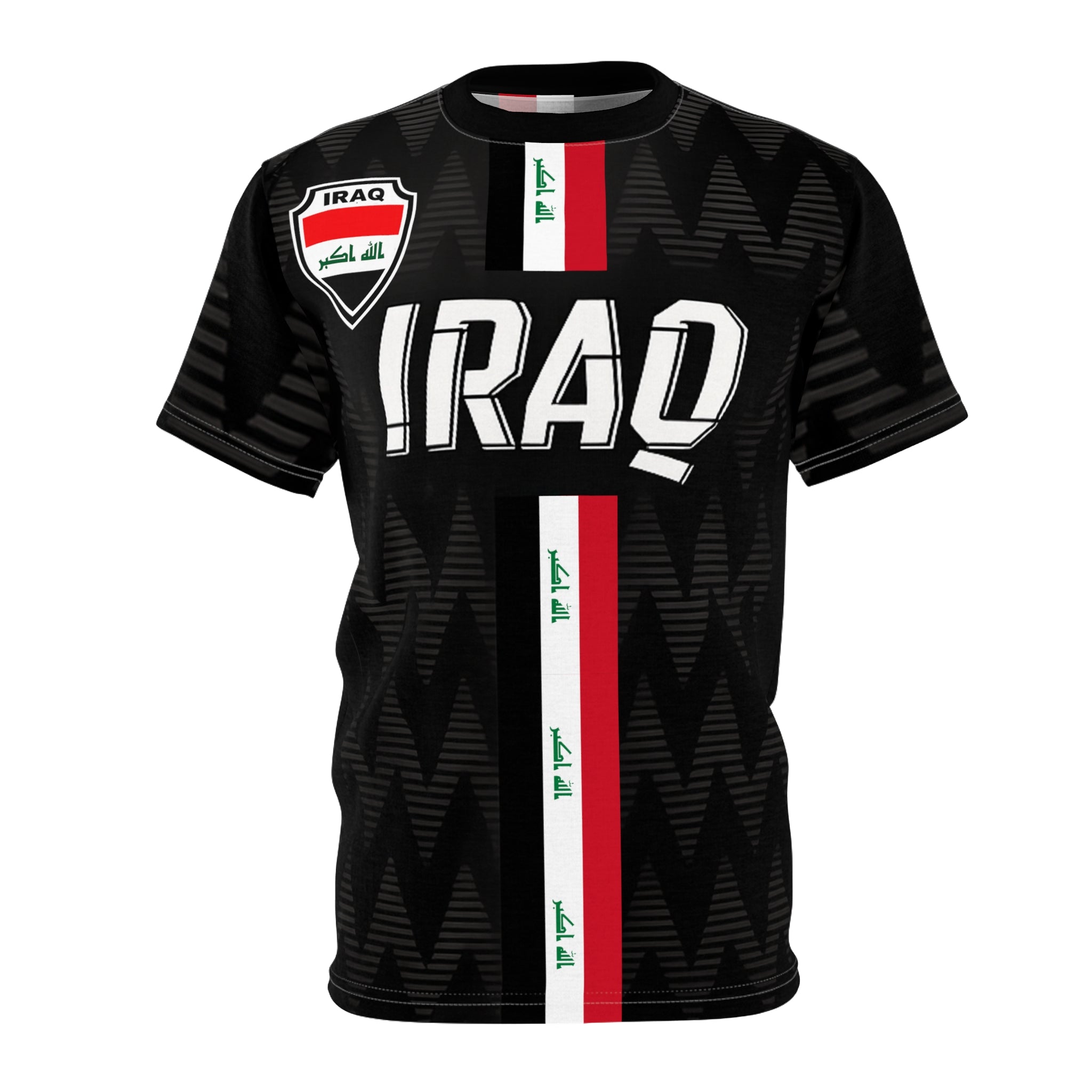 Iraq Flag Football Jersey Tee – Black All-Over Print with Vertical Flag Stripe