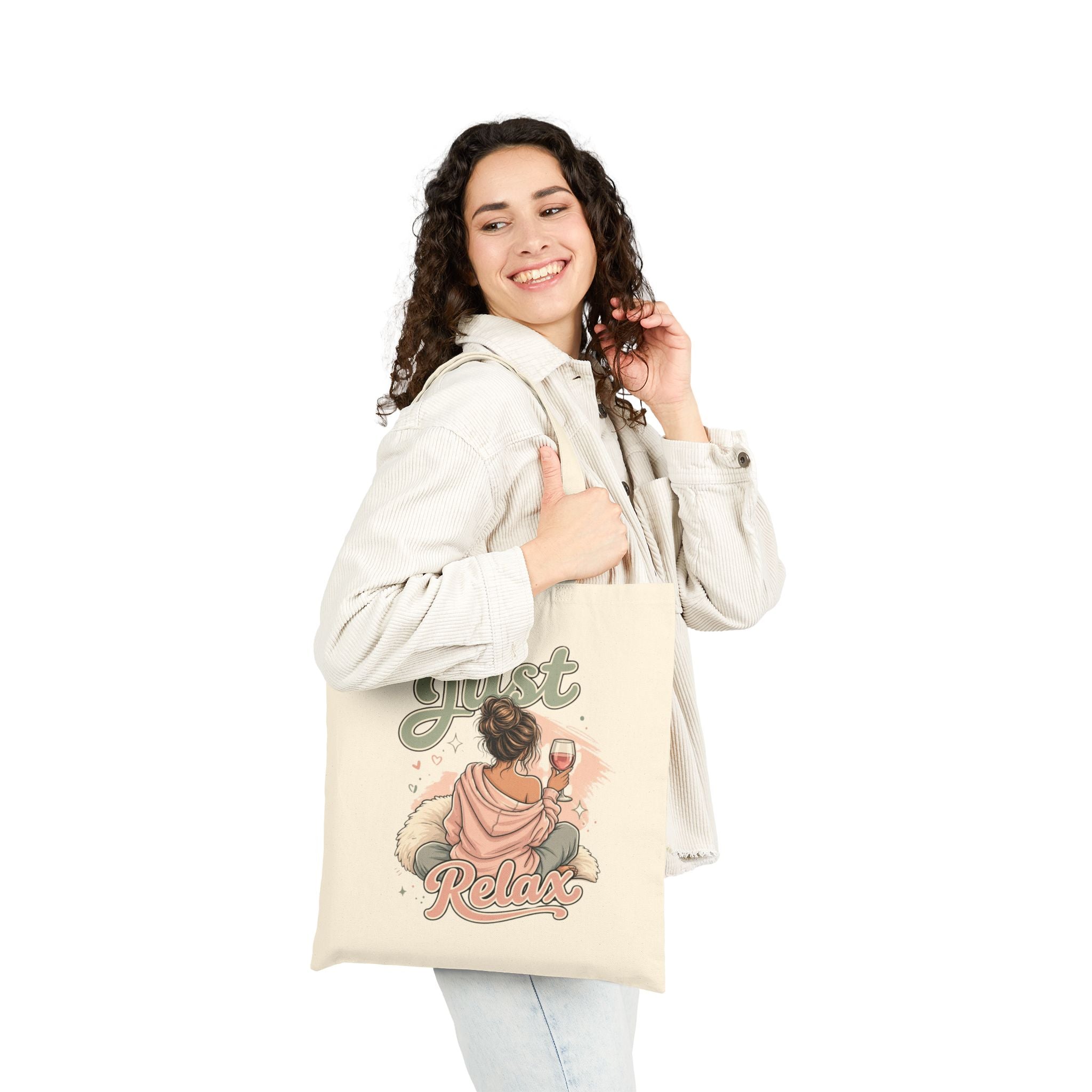 Tote Bag — "Just Relax" Illustration Canvas Tote (Cozy Wine & Self-Care Vibe)